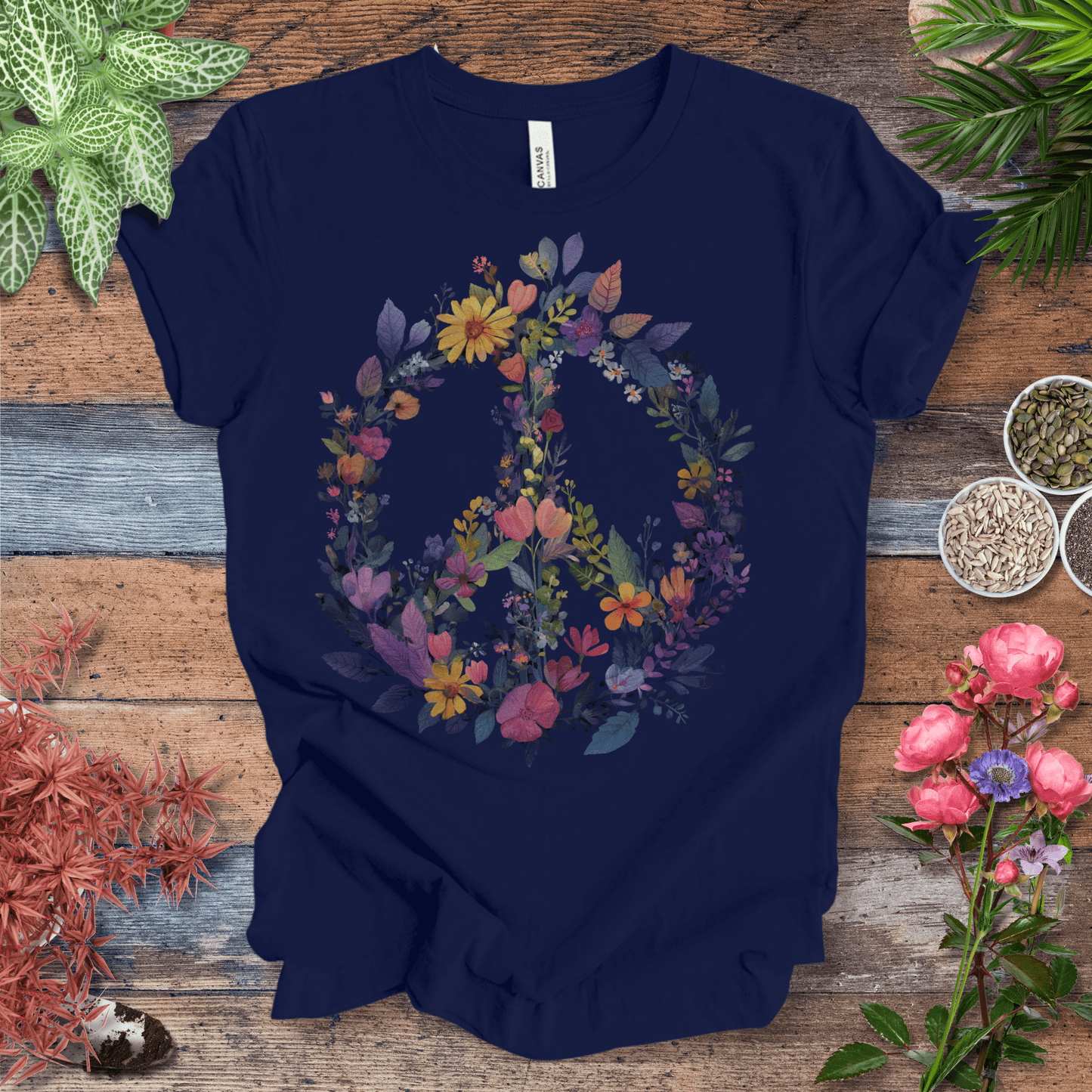 Printify T-Shirt Navy / S Rainbow Peace Sign Floral T-Shirt – Pastel Garden Wreath Tee | Eco-Friendly Plant Lover Gift | Sustainable Unisex Tee