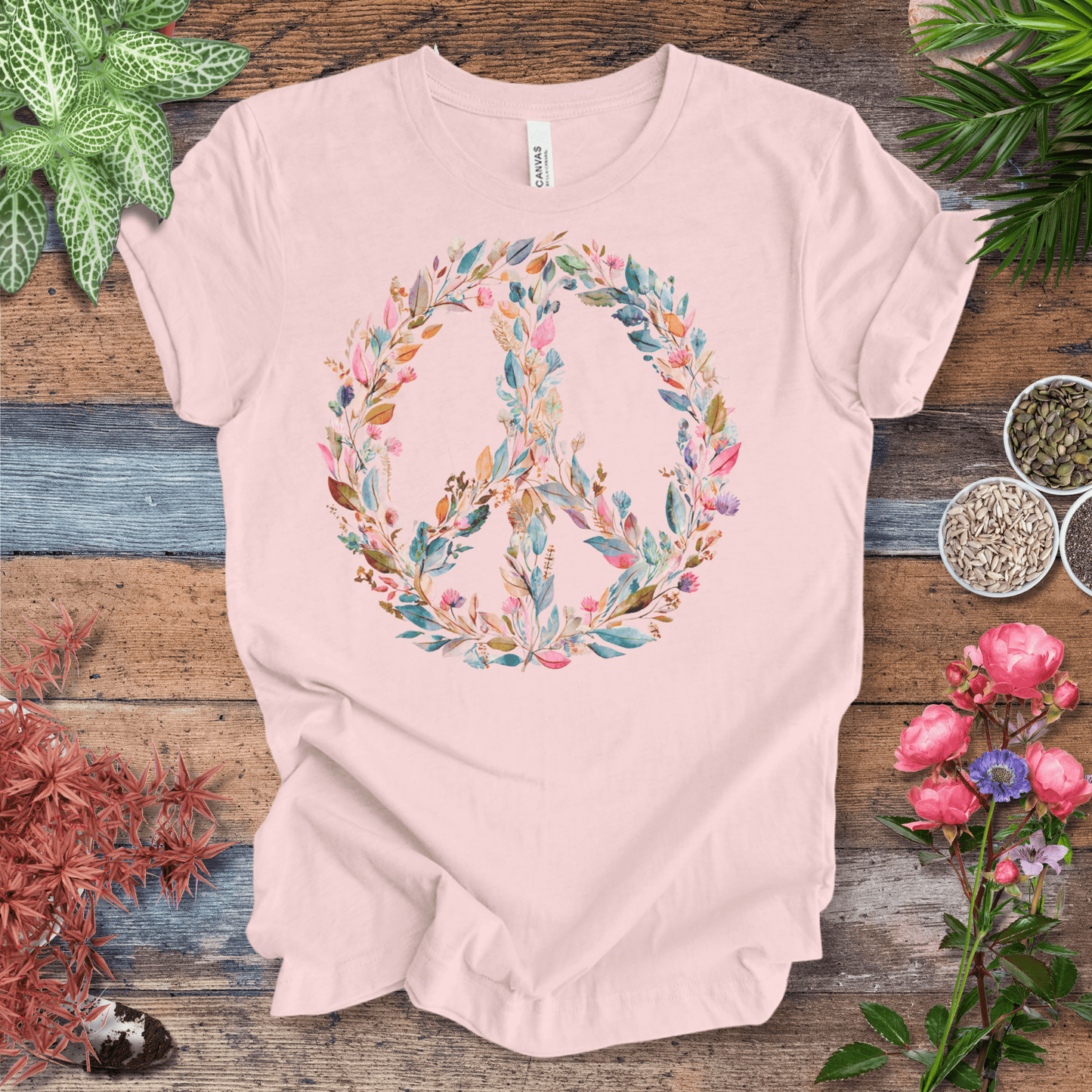 Printify T-Shirt Pastel Watercolor Peace Sign Floral T-Shirt | Boho Rainbow Garden Wreath Tee, Hippie Festival Top, Spring-Summer 2025 Trend