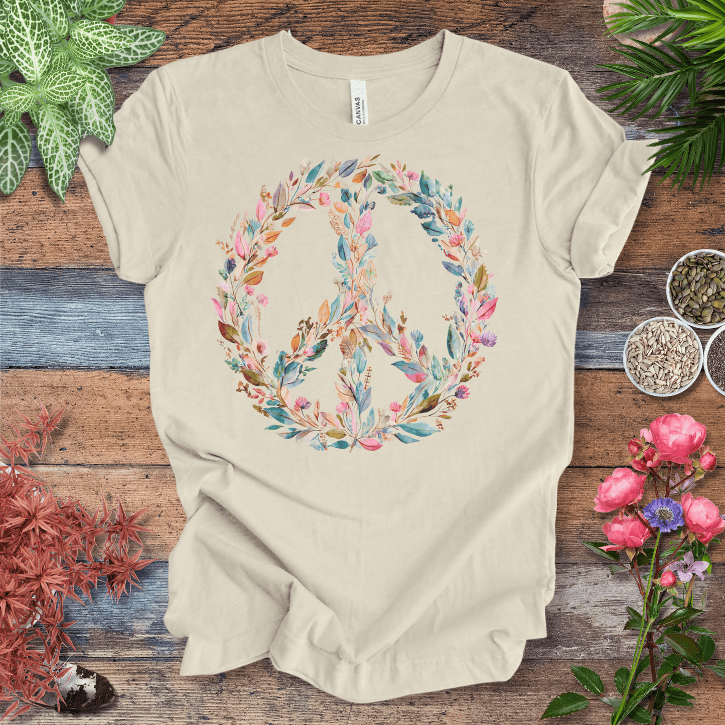 Printify T-Shirt Pastel Watercolor Peace Sign Floral T-Shirt | Boho Rainbow Garden Wreath Tee, Hippie Festival Top, Spring-Summer 2025 Trend