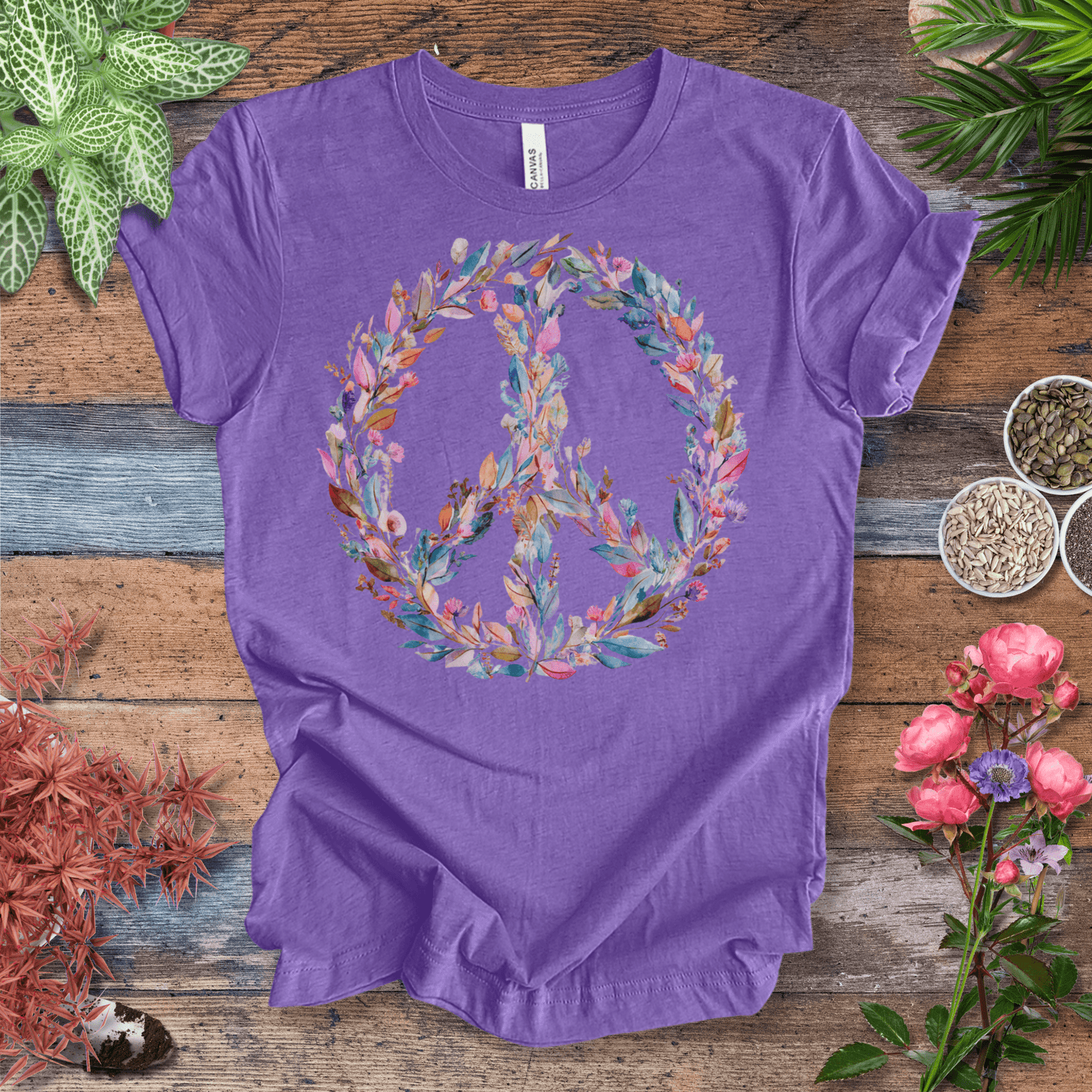 Printify T-Shirt Pastel Watercolor Peace Sign Floral T-Shirt | Boho Rainbow Garden Wreath Tee, Hippie Festival Top, Spring-Summer 2025 Trend