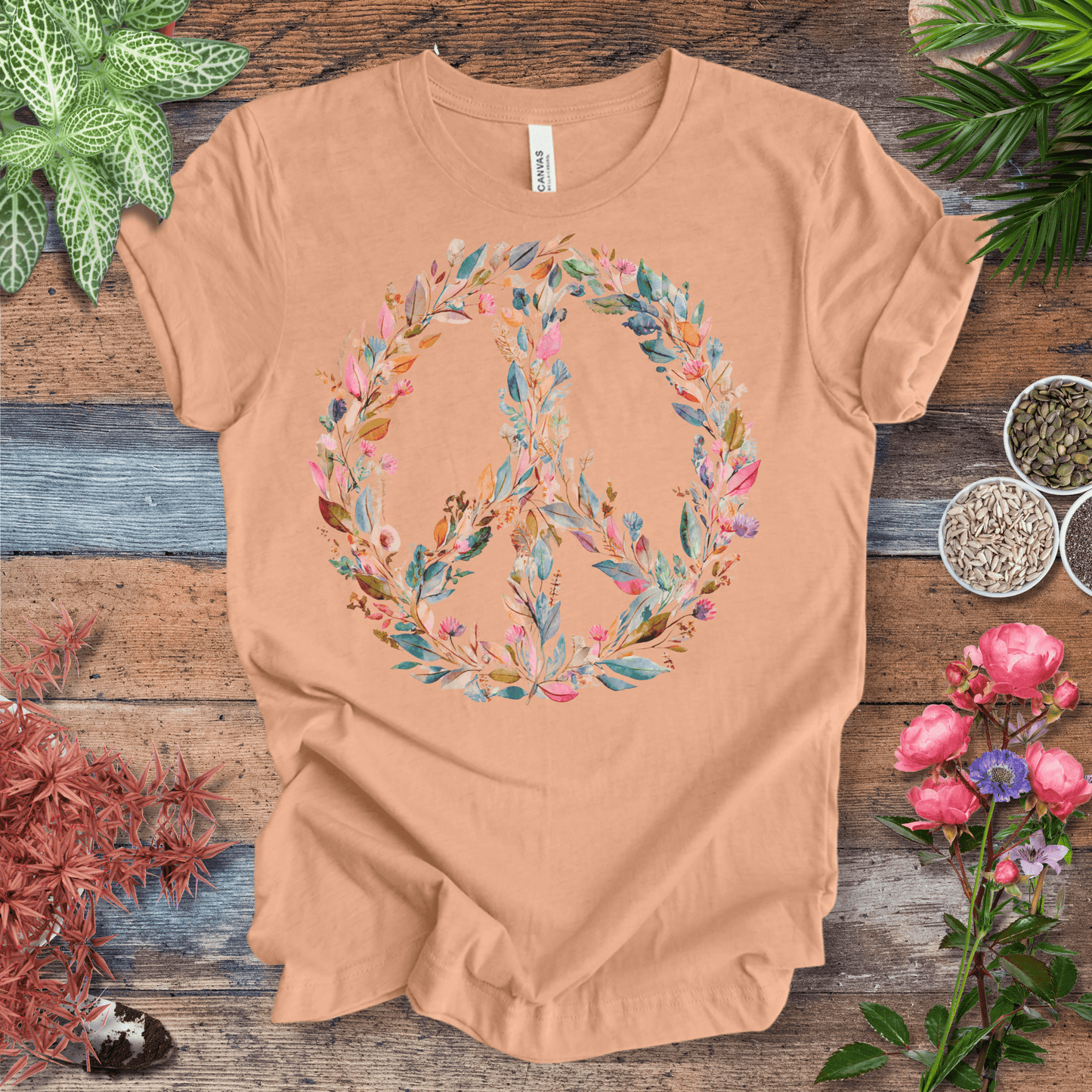 Printify T-Shirt Pastel Watercolor Peace Sign Floral T-Shirt | Boho Rainbow Garden Wreath Tee, Hippie Festival Top, Spring-Summer 2025 Trend