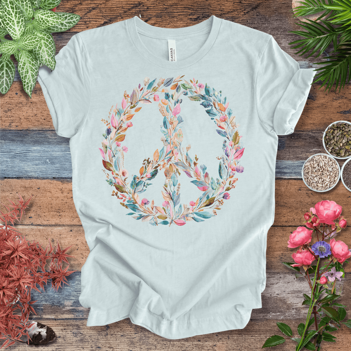 Printify T-Shirt Pastel Watercolor Peace Sign Floral T-Shirt | Boho Rainbow Garden Wreath Tee, Hippie Festival Top, Spring-Summer 2025 Trend