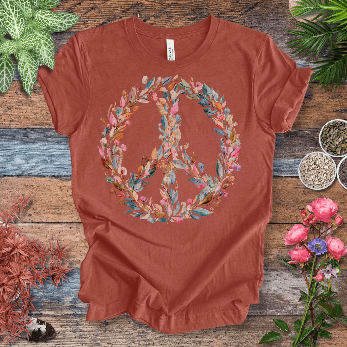 Printify T-Shirt Pastel Watercolor Peace Sign Floral T-Shirt | Boho Rainbow Garden Wreath Tee, Hippie Festival Top, Spring-Summer 2025 Trend