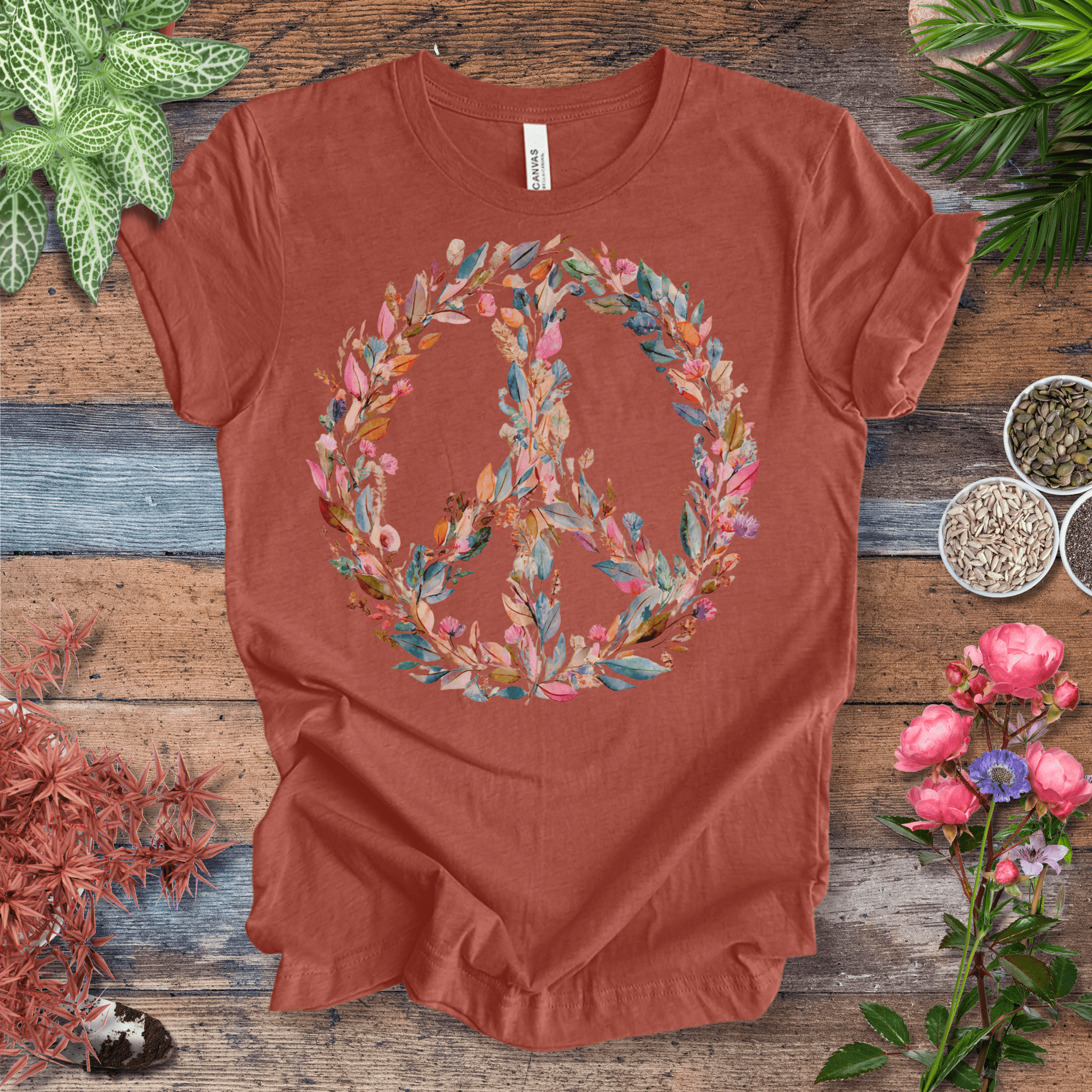 Printify T-Shirt Pastel Watercolor Peace Sign Floral T-Shirt | Boho Rainbow Garden Wreath Tee, Hippie Festival Top, Spring-Summer 2025 Trend