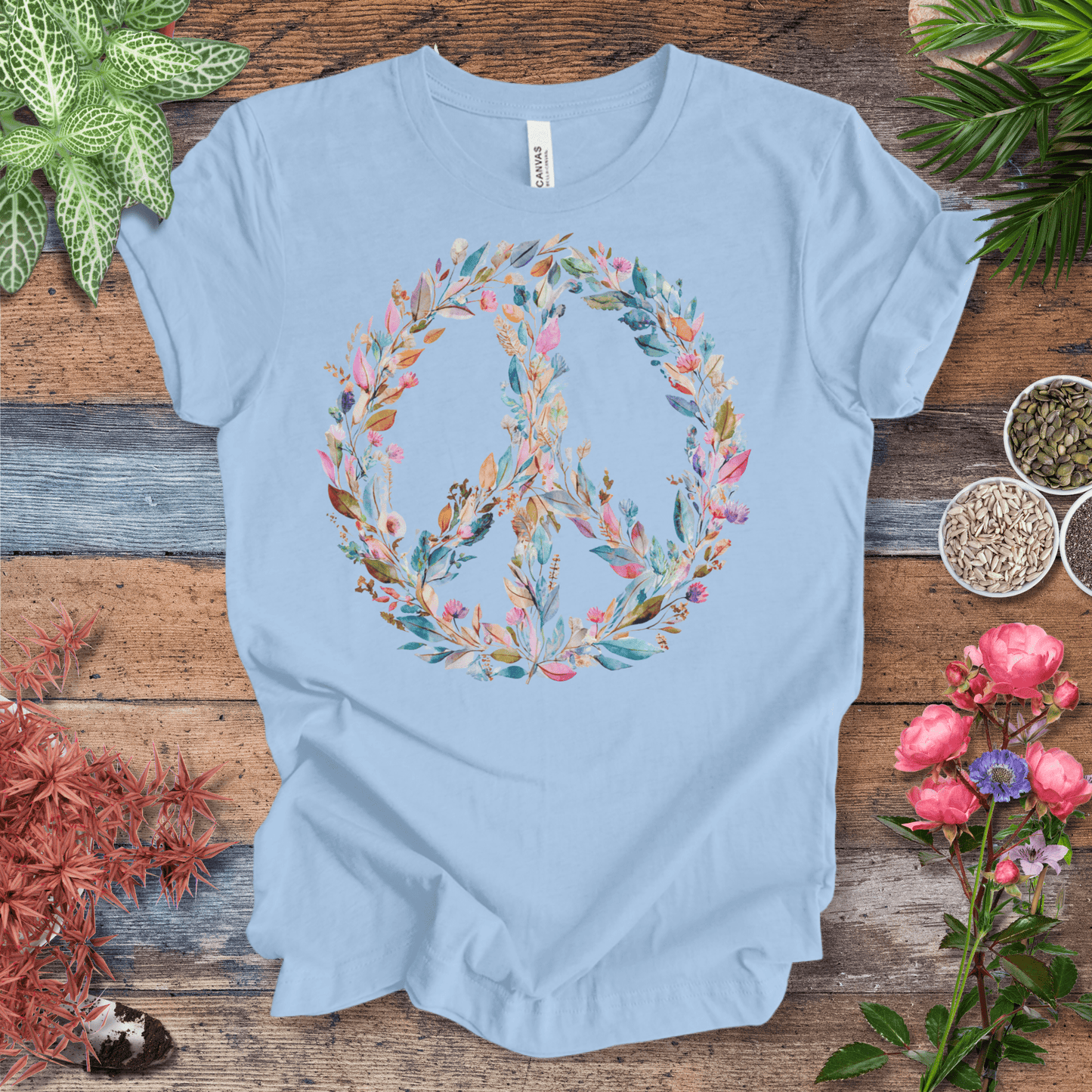 Printify T-Shirt Pastel Watercolor Peace Sign Floral T-Shirt | Boho Rainbow Garden Wreath Tee, Hippie Festival Top, Spring-Summer 2025 Trend