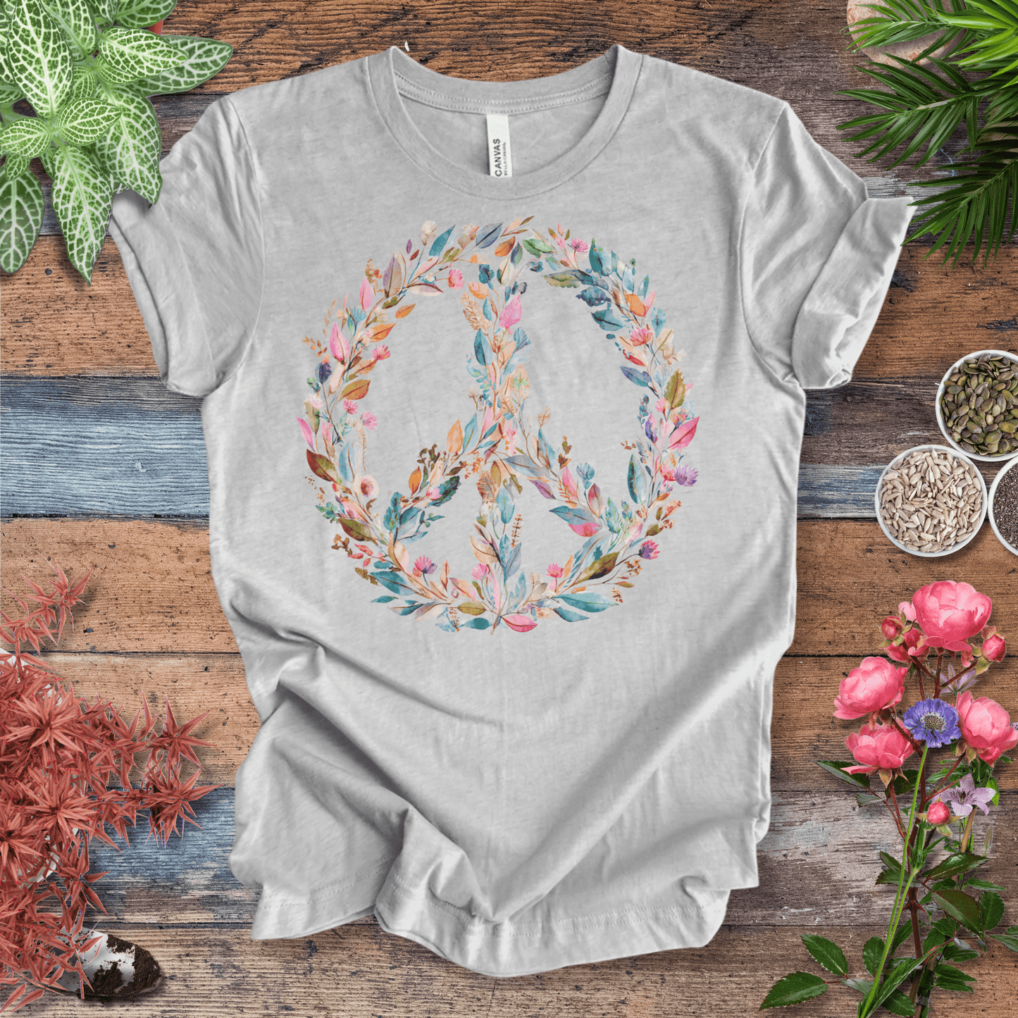 Printify T-Shirt Pastel Watercolor Peace Sign Floral T-Shirt | Boho Rainbow Garden Wreath Tee, Hippie Festival Top, Spring-Summer 2025 Trend