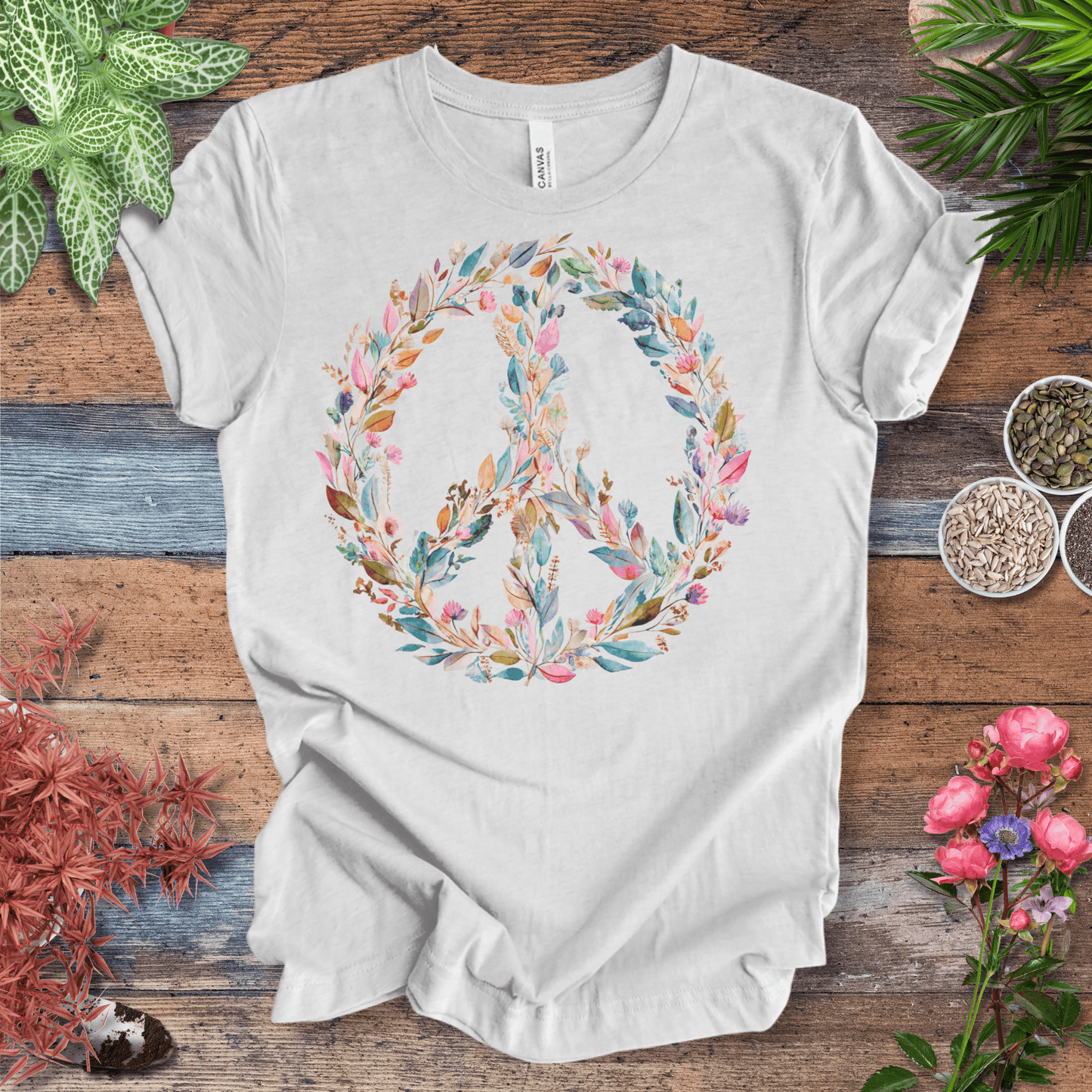 Printify T-Shirt Pastel Watercolor Peace Sign Floral T-Shirt | Boho Rainbow Garden Wreath Tee, Hippie Festival Top, Spring-Summer 2025 Trend