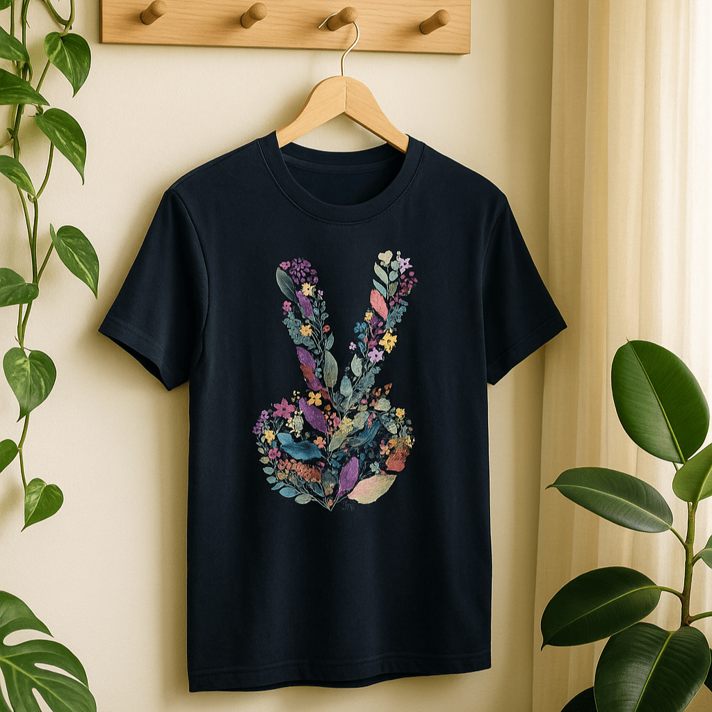Printify T-Shirt Peace Hand Floral T-Shirt – Watercolor V Sign Tee | Garden Activist Shirt | Sustainable Plant Lover Unisex Gift