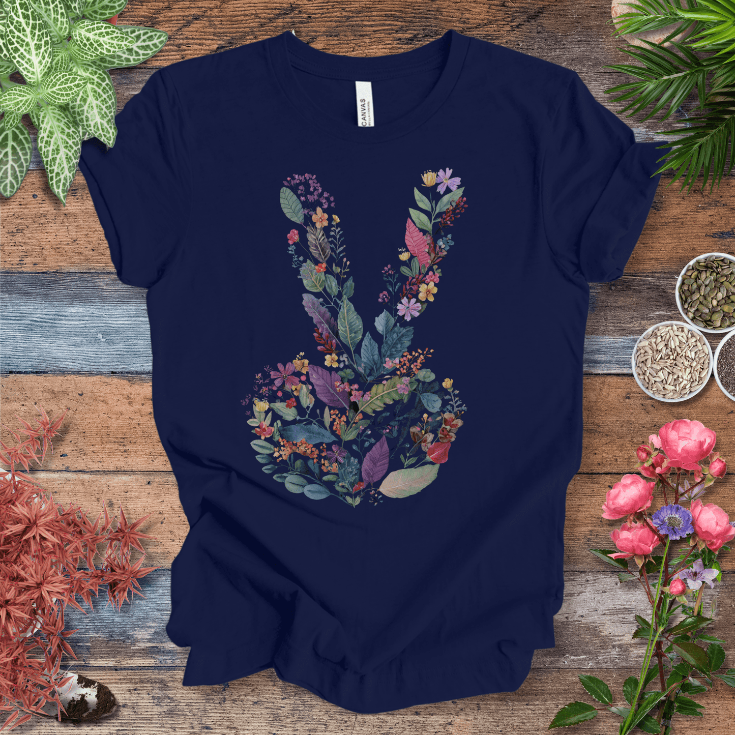 Printify T-Shirt Peace Hand Floral T-Shirt – Watercolor V Sign Tee | Garden Activist Shirt | Sustainable Plant Lover Unisex Gift
