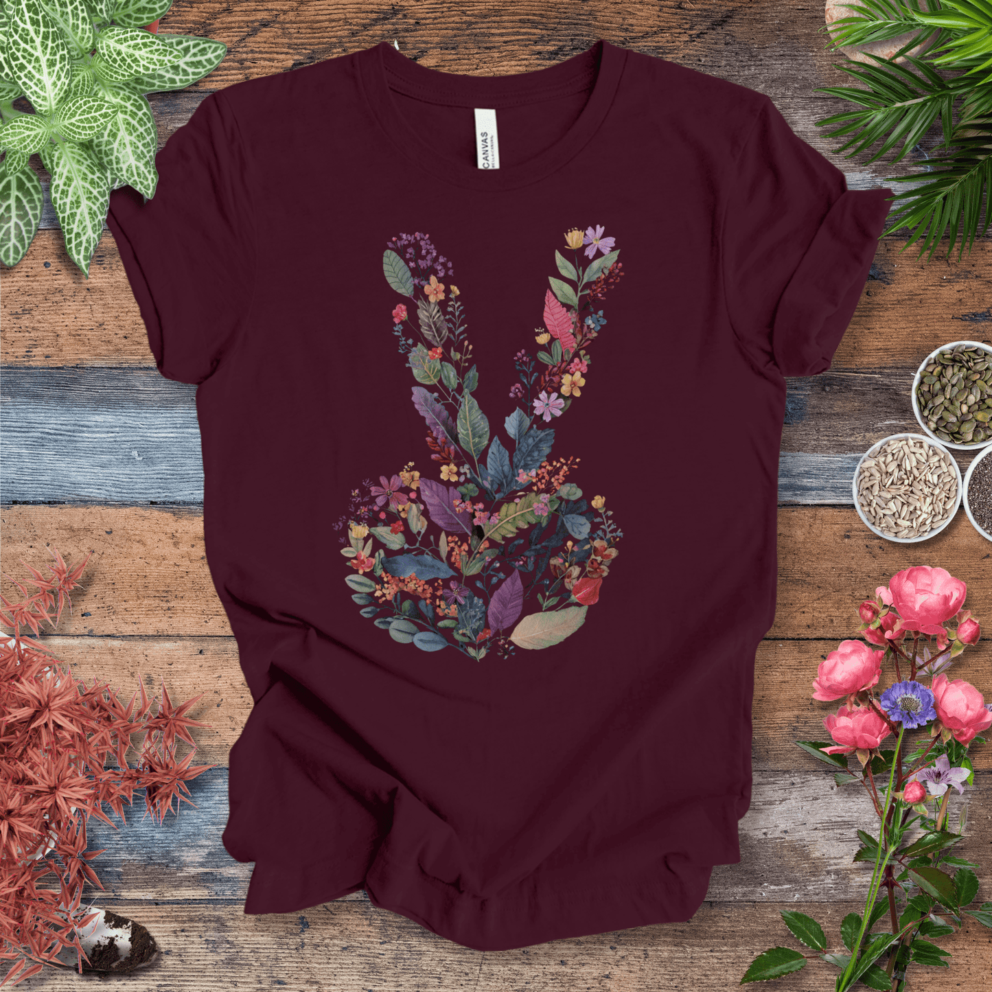 Printify T-Shirt Peace Hand Floral T-Shirt – Watercolor V Sign Tee | Garden Activist Shirt | Sustainable Plant Lover Unisex Gift