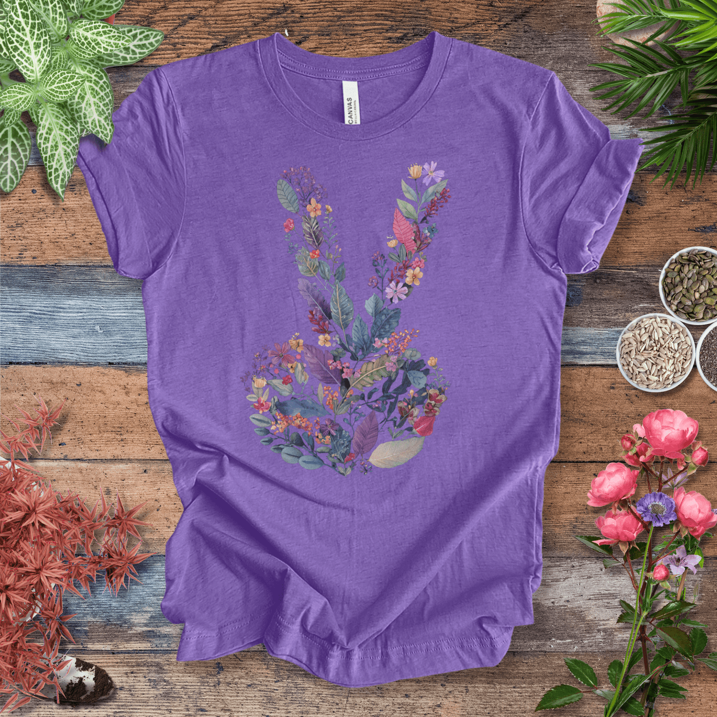 Printify T-Shirt Peace Hand Floral T-Shirt – Watercolor V Sign Tee | Garden Activist Shirt | Sustainable Plant Lover Unisex Gift