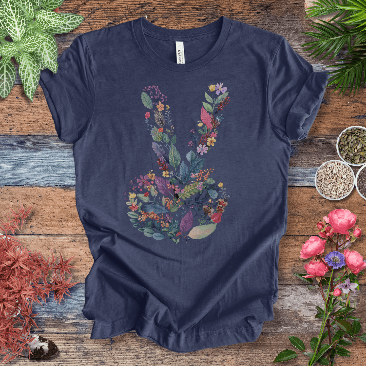Printify T-Shirt Peace Hand Floral T-Shirt – Watercolor V Sign Tee | Garden Activist Shirt | Sustainable Plant Lover Unisex Gift