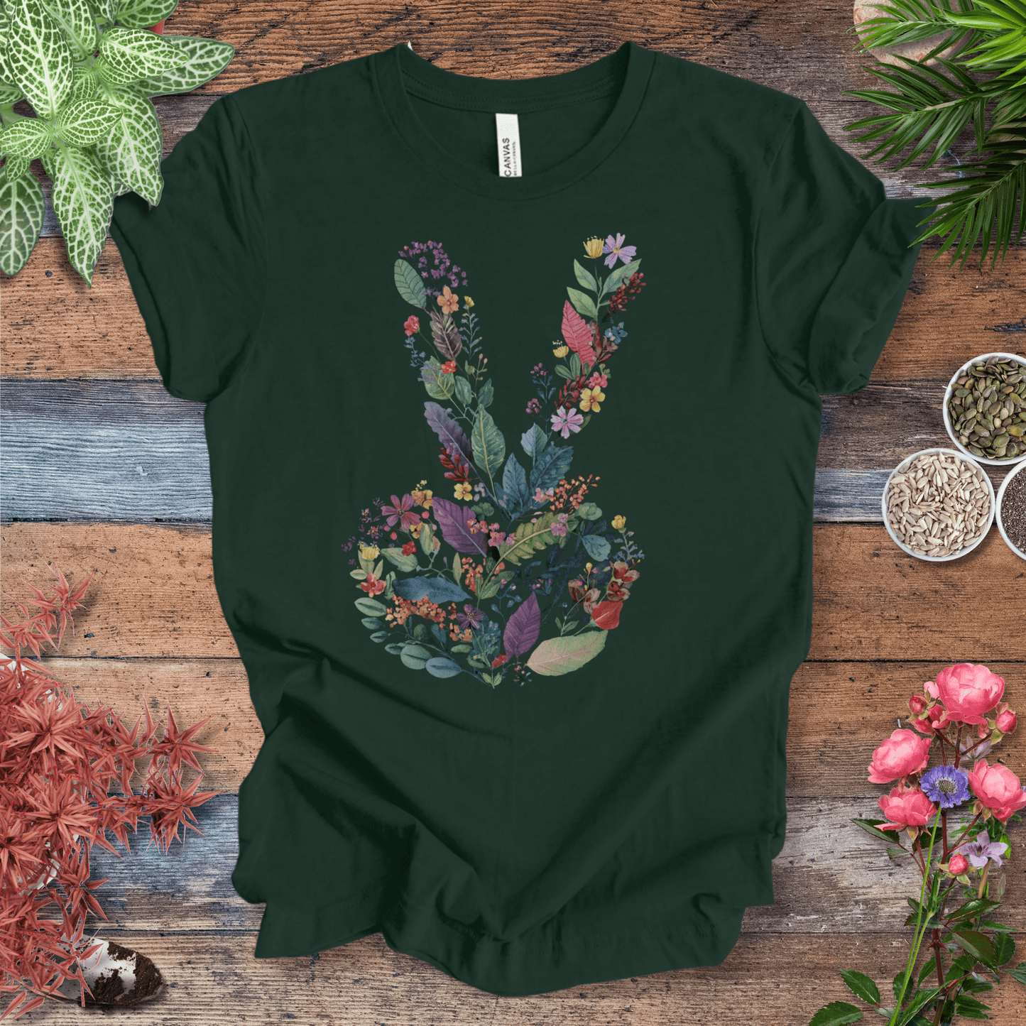 Printify T-Shirt Peace Hand Floral T-Shirt – Watercolor V Sign Tee | Garden Activist Shirt | Sustainable Plant Lover Unisex Gift