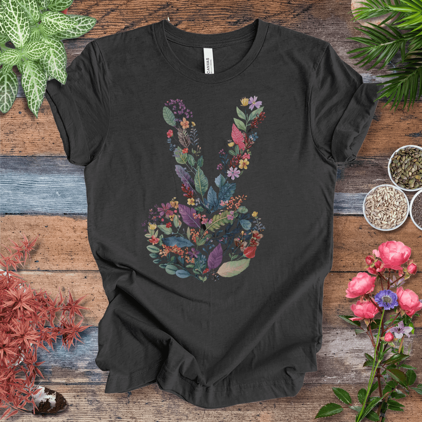 Printify T-Shirt Peace Hand Floral T-Shirt – Watercolor V Sign Tee | Garden Activist Shirt | Sustainable Plant Lover Unisex Gift
