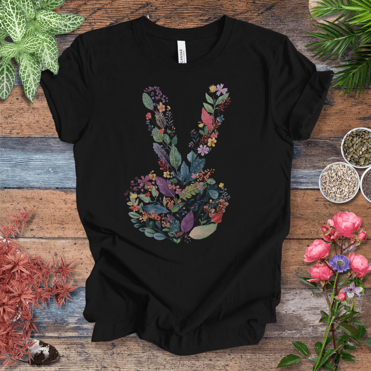 Printify T-Shirt Peace Hand Floral T-Shirt – Watercolor V Sign Tee | Garden Activist Shirt | Sustainable Plant Lover Unisex Gift