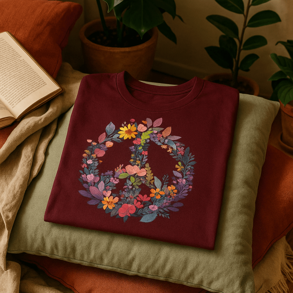 Printify T-Shirt Rainbow Peace Sign Floral T-Shirt – Pastel Garden Wreath Tee | Eco-Friendly Plant Lover Gift | Sustainable Unisex Tee