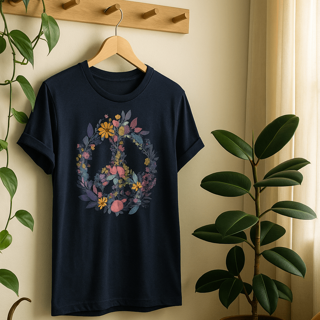 Printify T-Shirt Rainbow Peace Sign Floral T-Shirt – Pastel Garden Wreath Tee | Eco-Friendly Plant Lover Gift | Sustainable Unisex Tee