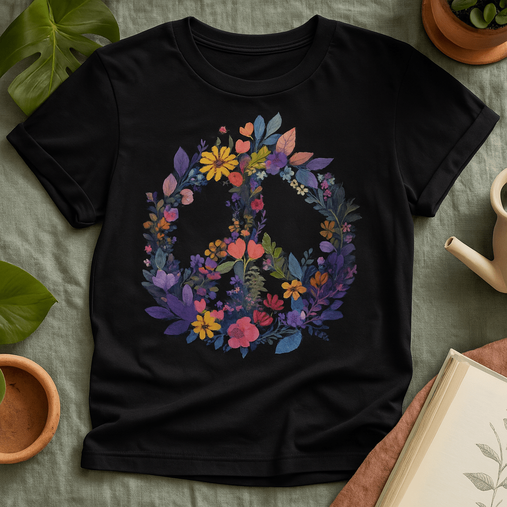 Printify T-Shirt Rainbow Peace Sign Floral T-Shirt – Pastel Garden Wreath Tee | Eco-Friendly Plant Lover Gift | Sustainable Unisex Tee
