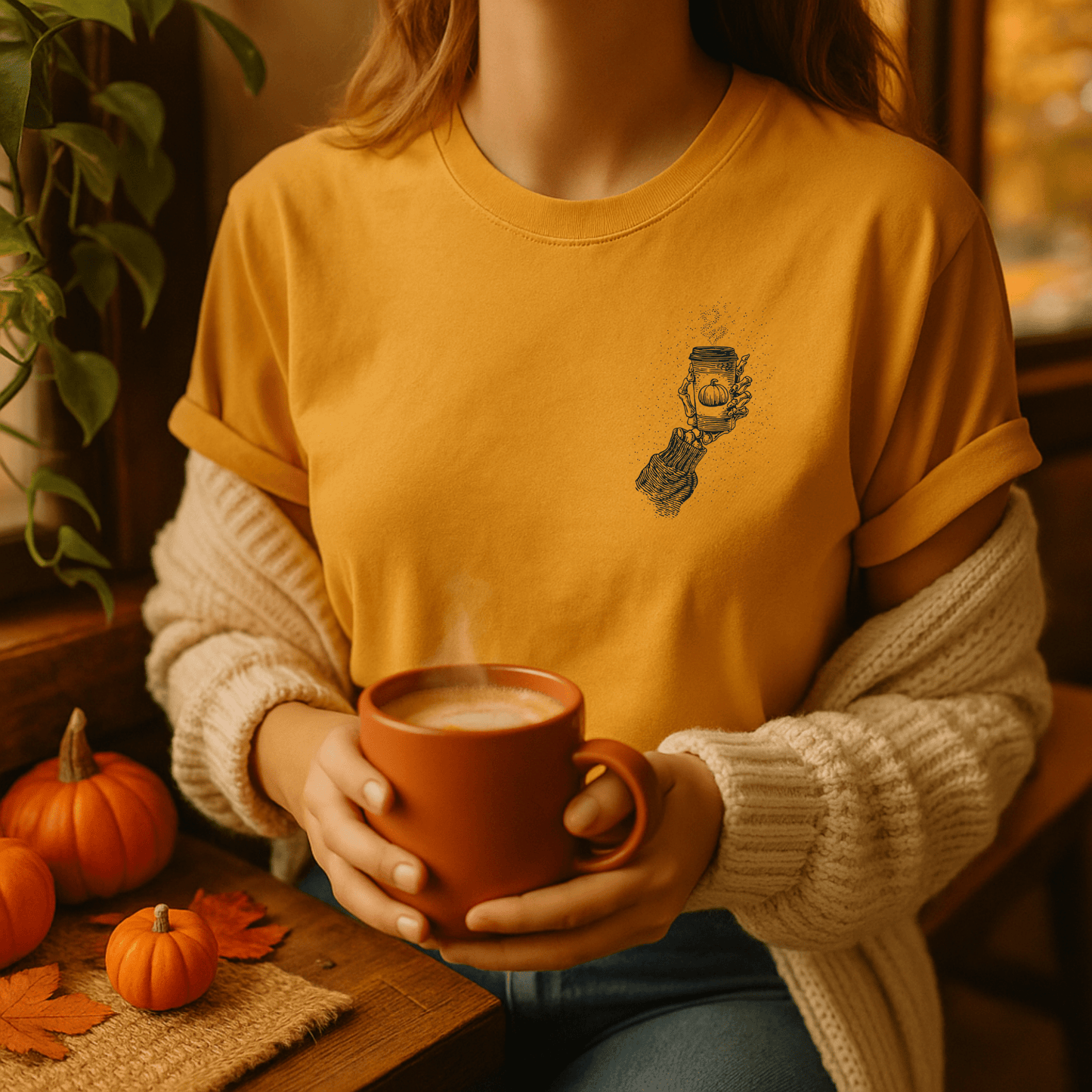 Printify T-Shirt Skeleton Pumpkin Coffee Shirt β Left-Chest Graphic | Unisex Cotton
