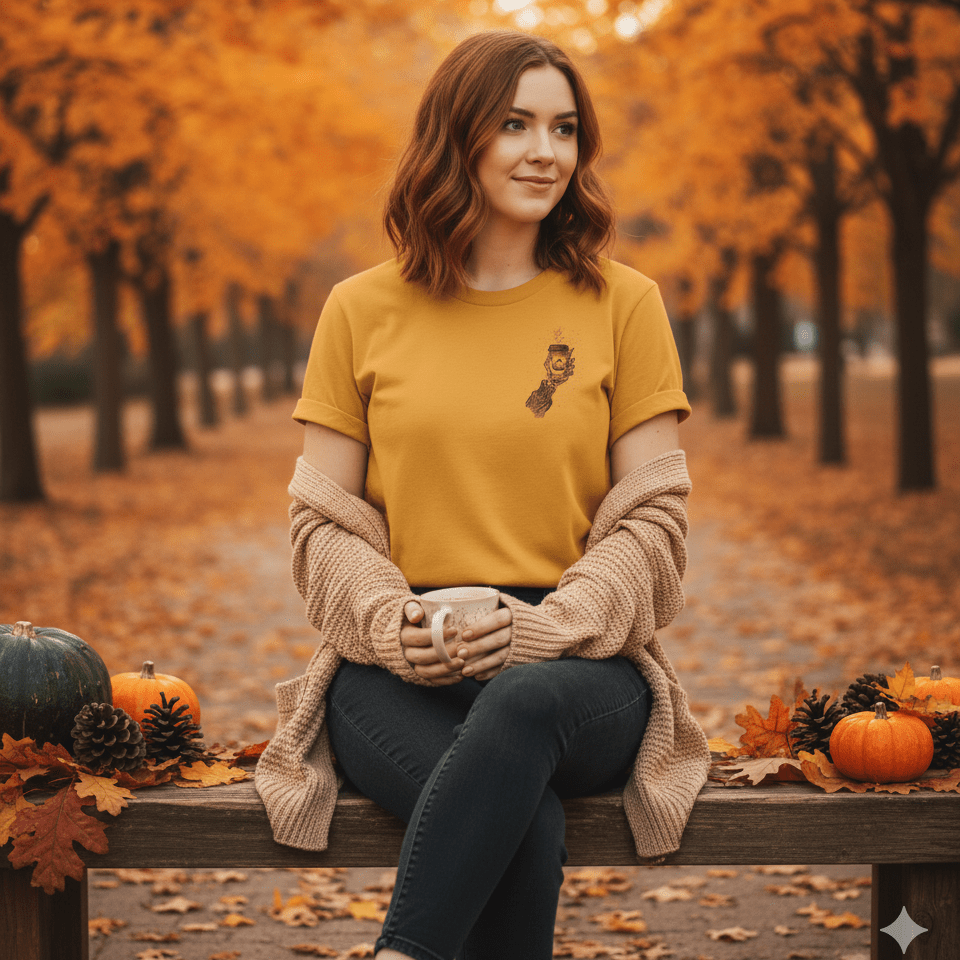 Printify T-Shirt Skeleton Pumpkin Coffee Shirt β Left-Chest Graphic | Unisex Cotton