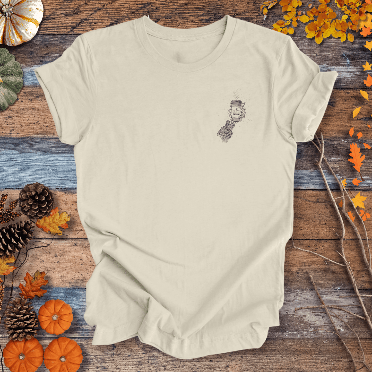 Printify T-Shirt Skeleton Pumpkin Coffee Shirt β Left-Chest Graphic | Unisex Cotton