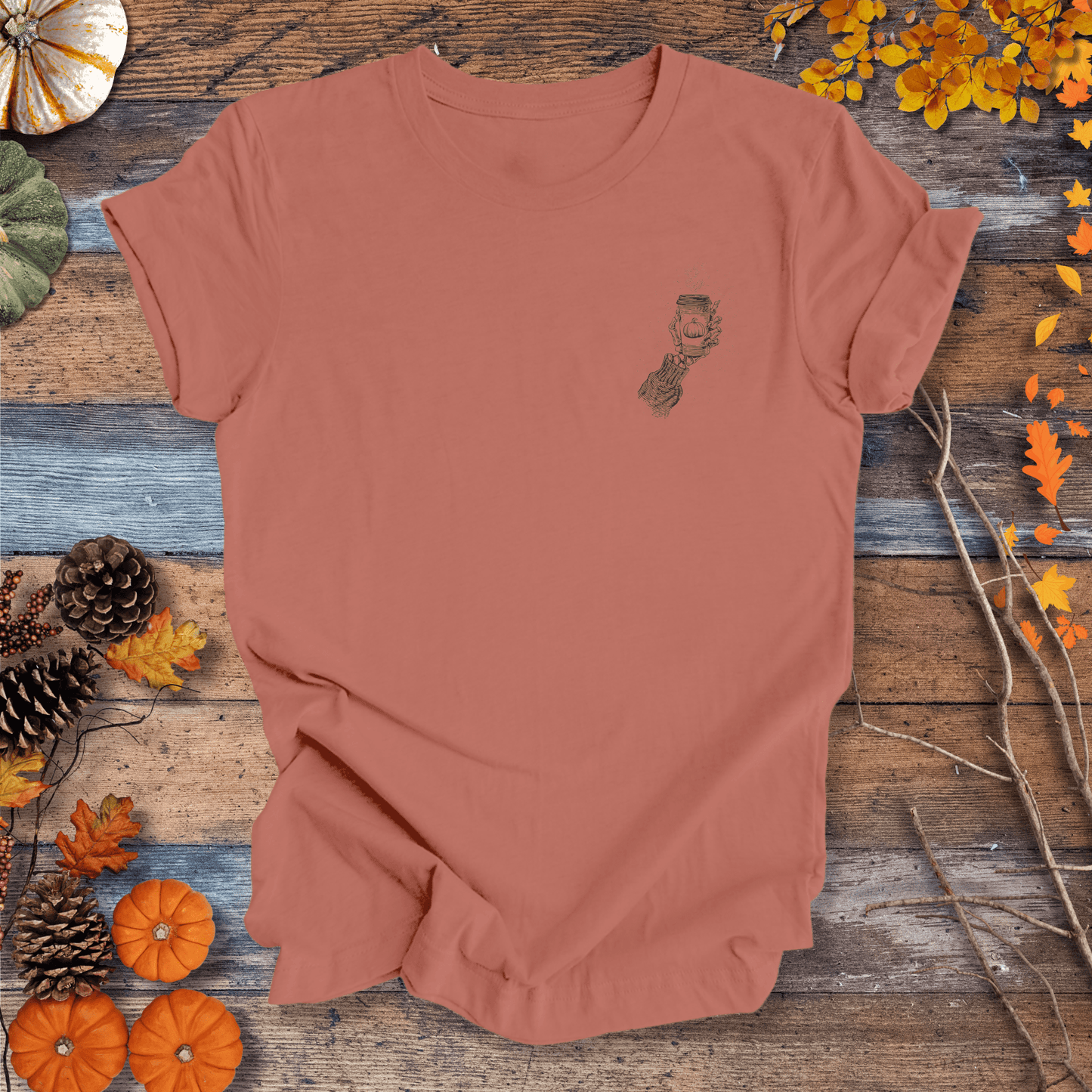 Printify T-Shirt Skeleton Pumpkin Coffee Shirt β Left-Chest Graphic | Unisex Cotton