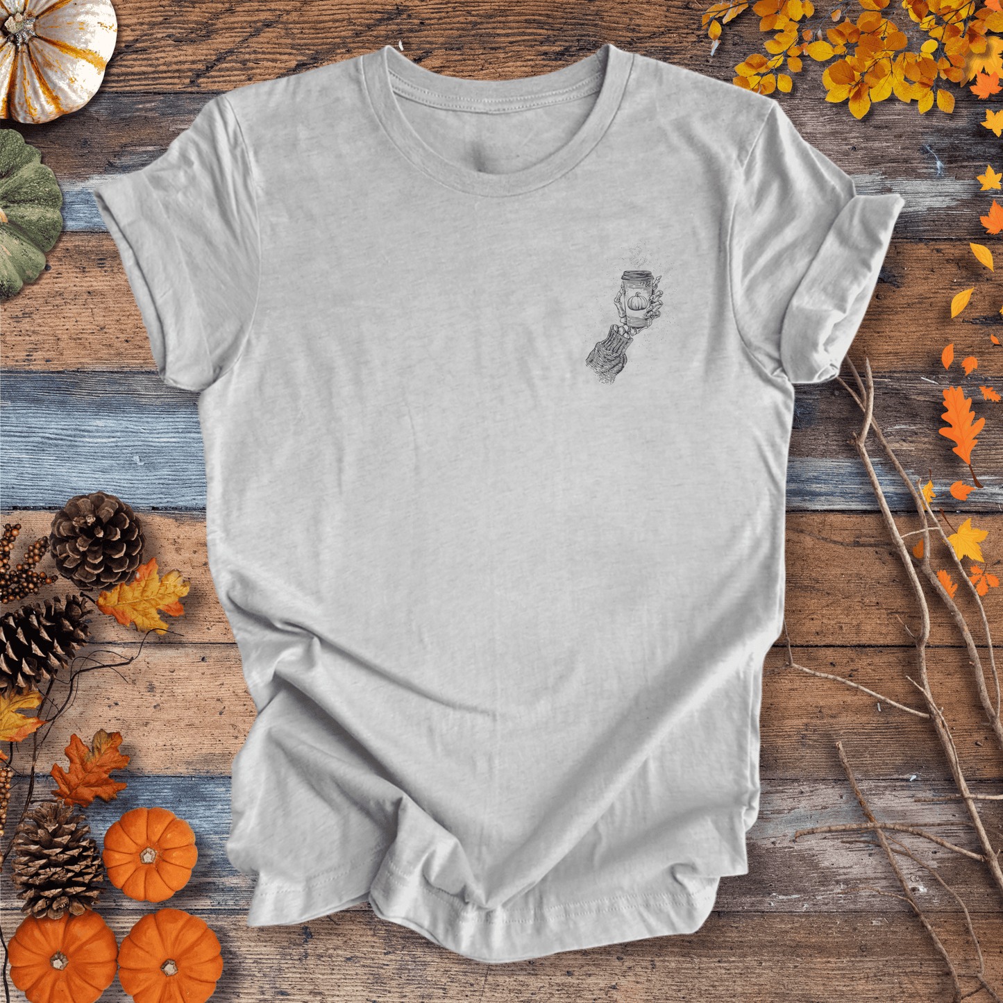 Printify T-Shirt Skeleton Pumpkin Coffee Shirt β Left-Chest Graphic | Unisex Cotton