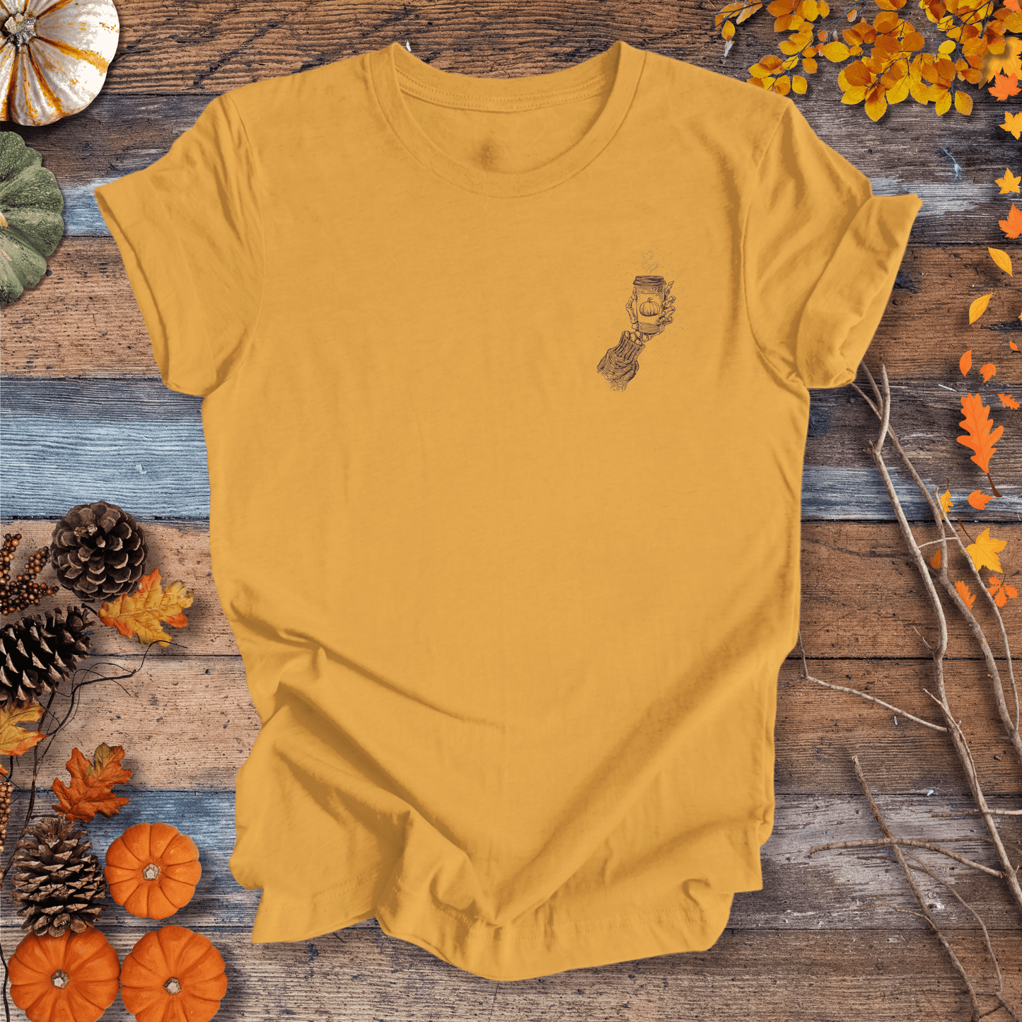 Printify T-Shirt Skeleton Pumpkin Coffee Shirt β Left-Chest Graphic | Unisex Cotton