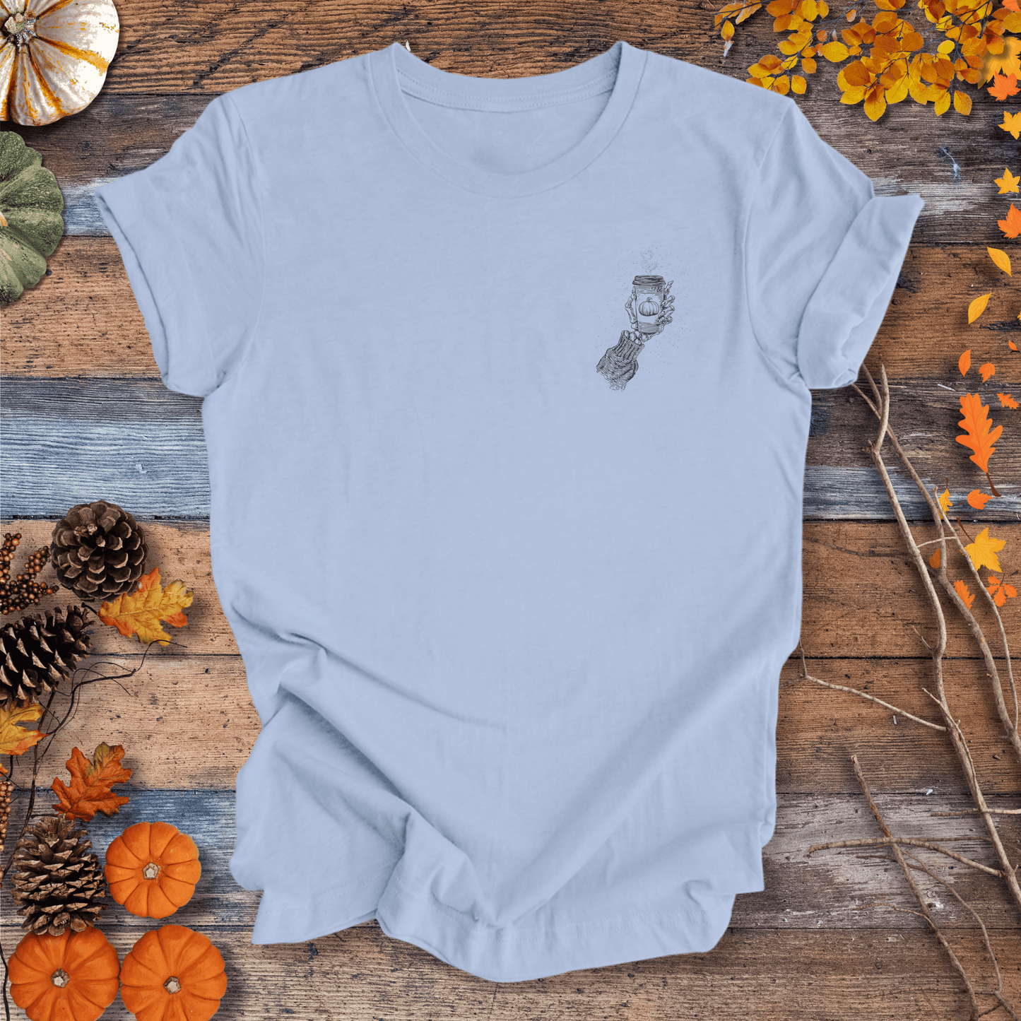 Printify T-Shirt Skeleton Pumpkin Coffee Shirt β Left-Chest Graphic | Unisex Cotton