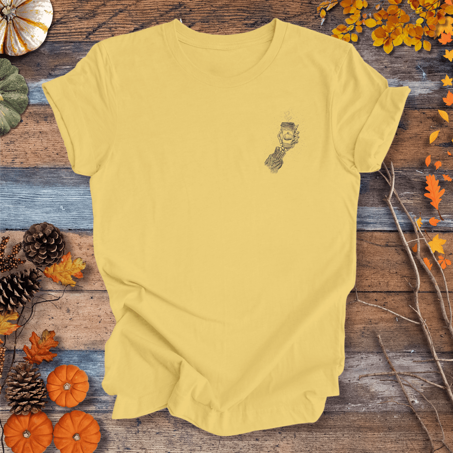 Printify T-Shirt Skeleton Pumpkin Coffee Shirt β Left-Chest Graphic | Unisex Cotton