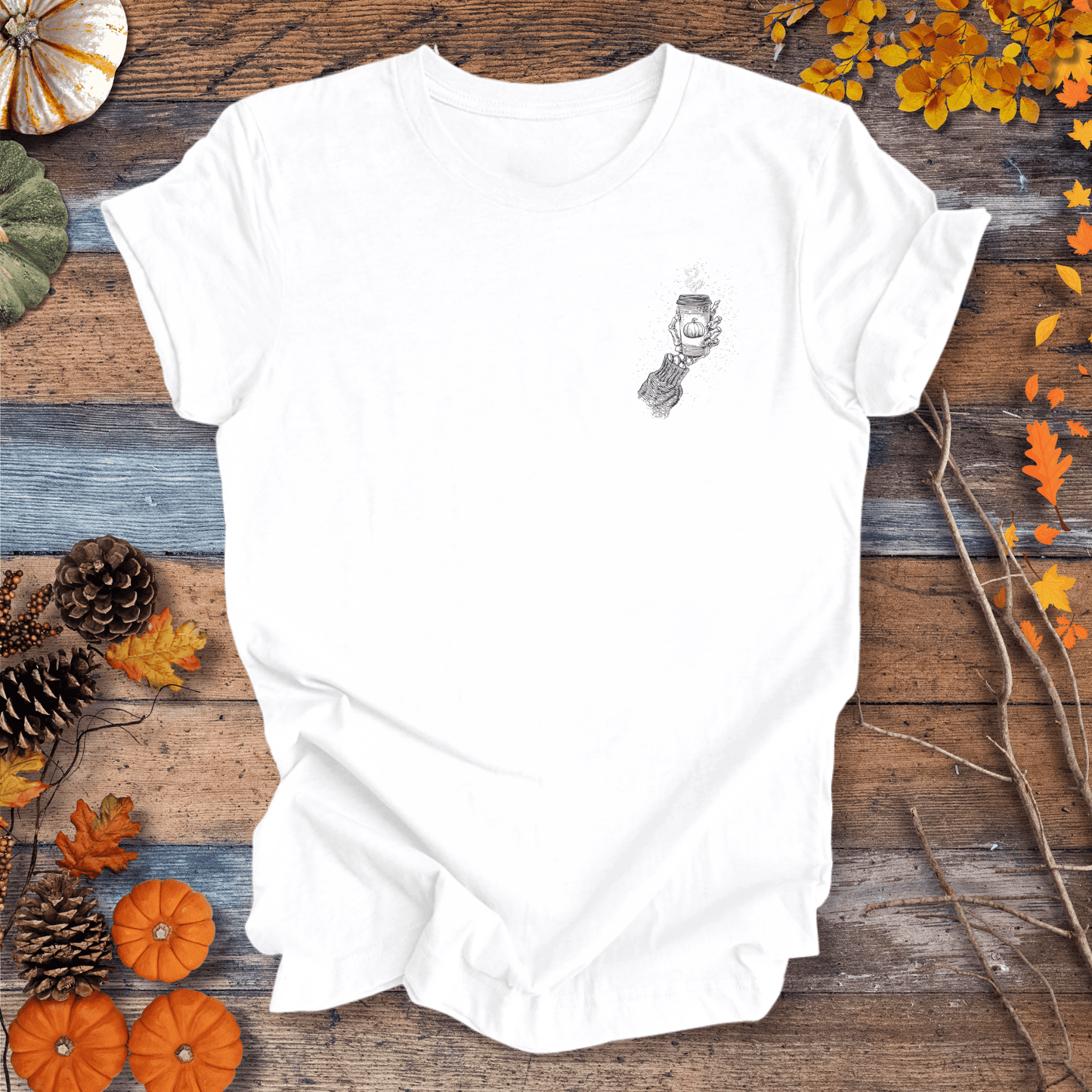 Printify T-Shirt Skeleton Pumpkin Coffee Shirt β Left-Chest Graphic | Unisex Cotton