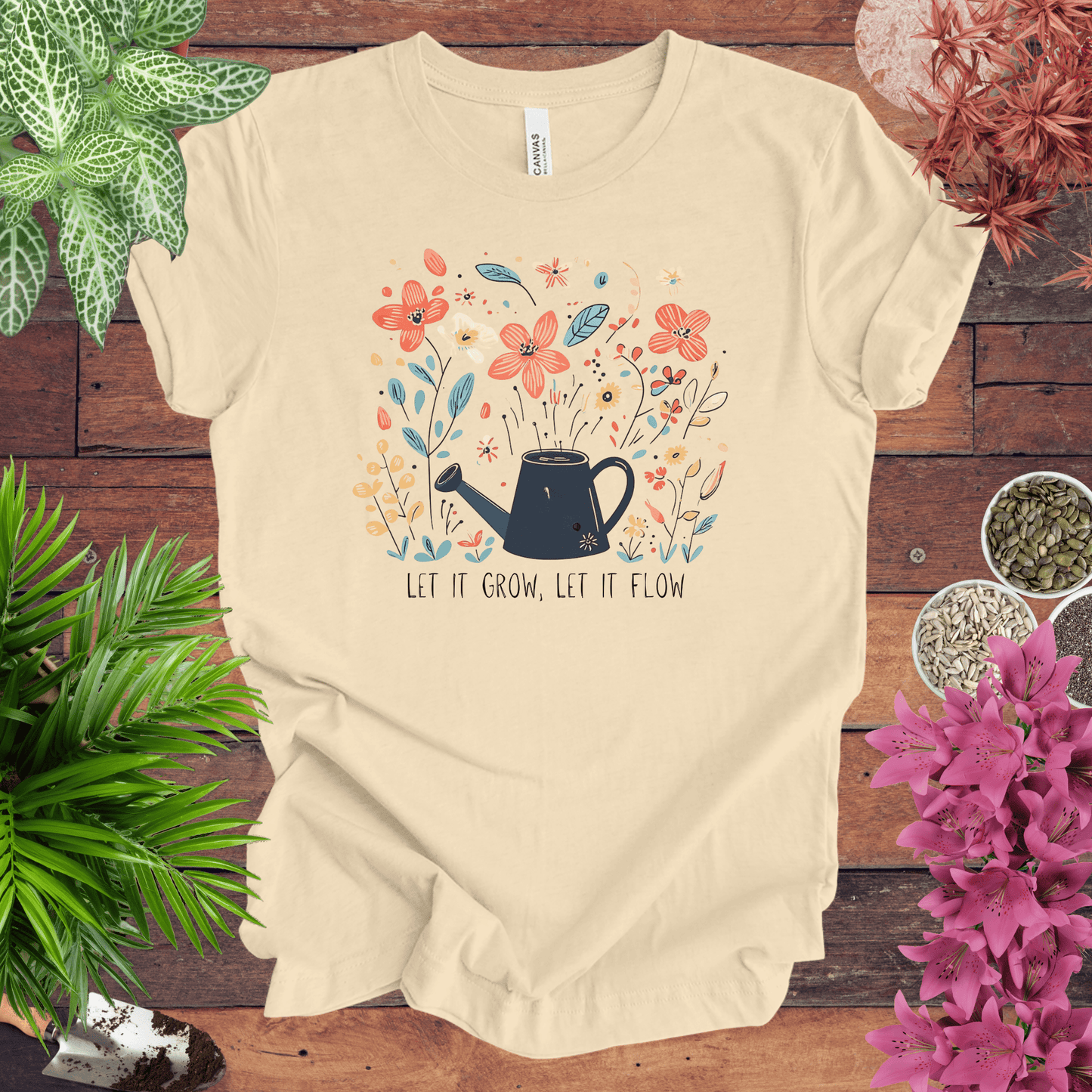 Printify T-Shirt Soft Cream / S Whimsical Watering Can and Flowers T-Shirt
