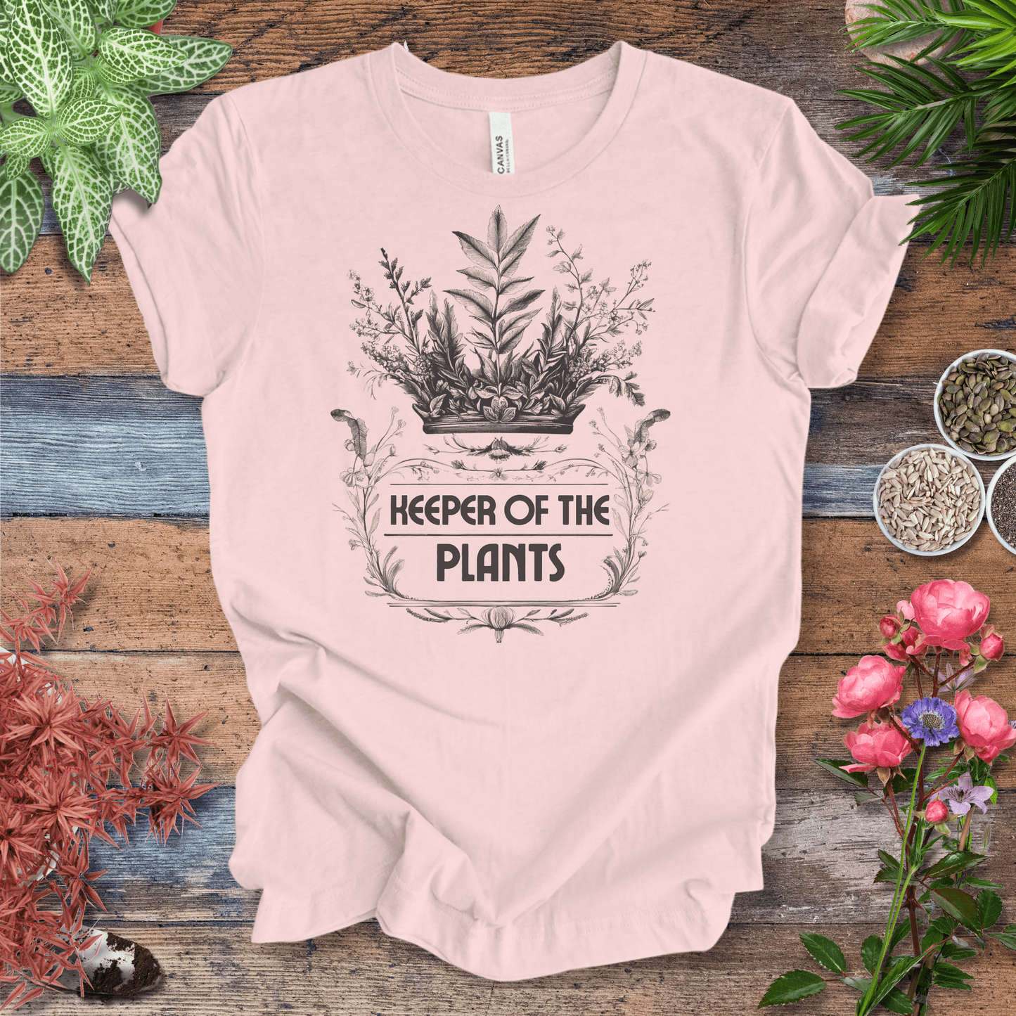 Printify T-Shirt Soft Pink / S Keeper of the Plants – Vintage Monochrome Edition Elegant Gardener Tee