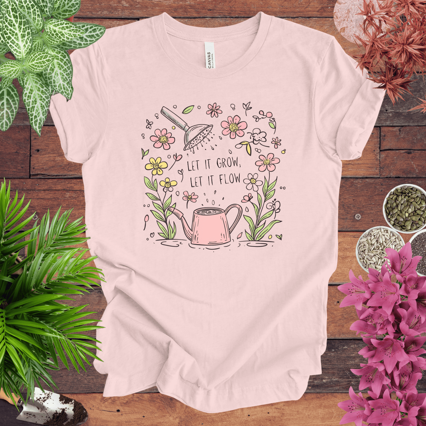 Printify T-Shirt Soft Pink / S Pink Watering Can Floral T-Shirt