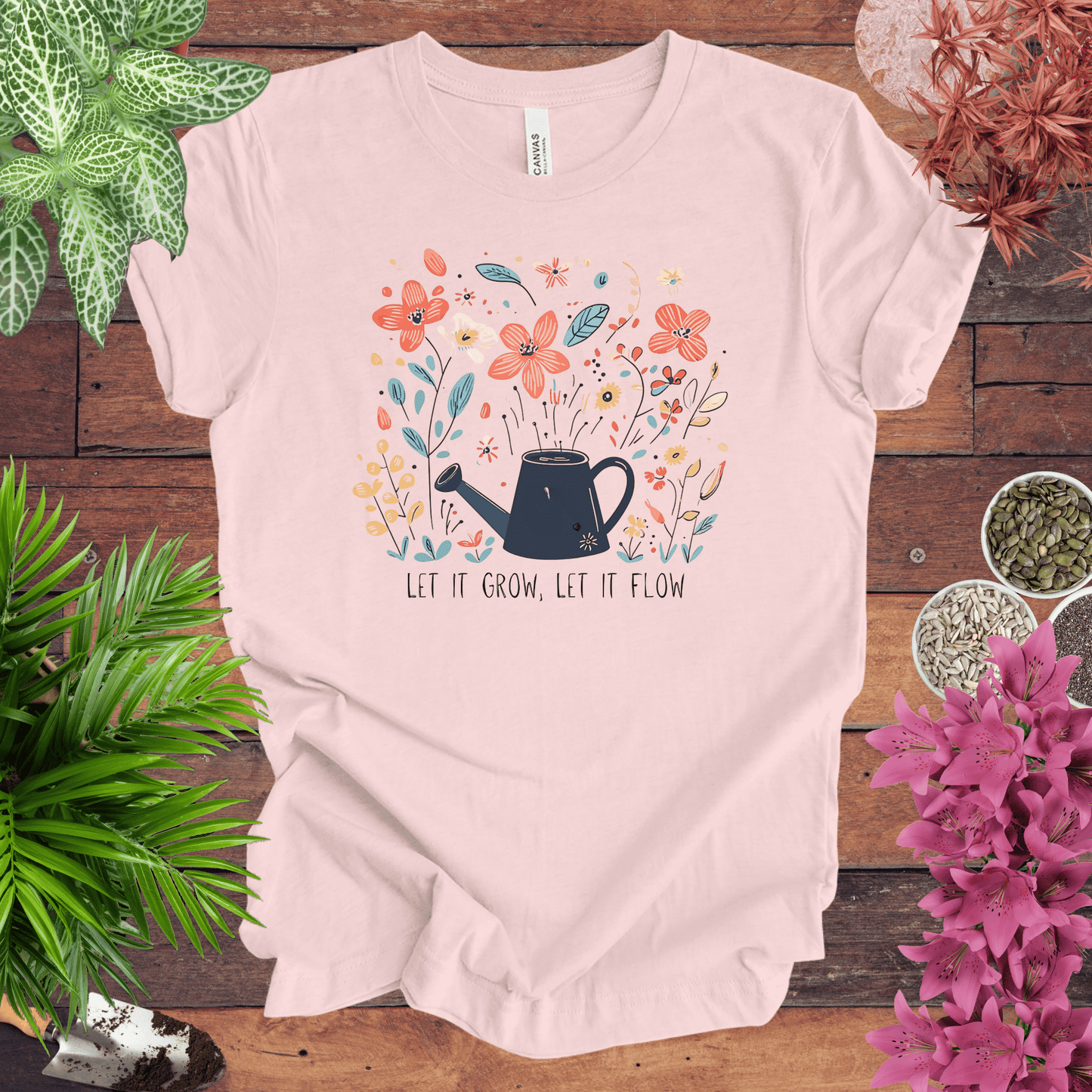 Printify T-Shirt Soft Pink / S Whimsical Watering Can and Flowers T-Shirt