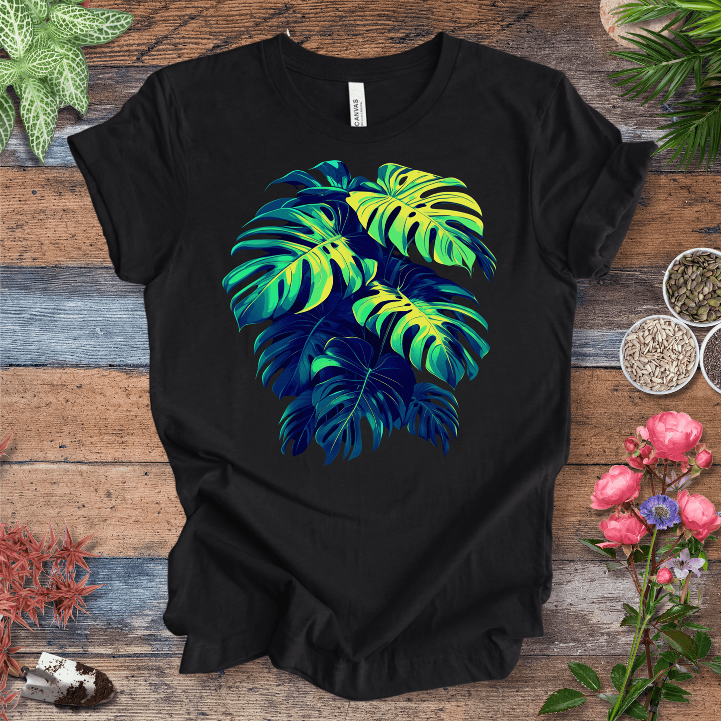 Printify T-Shirt Solid Black Blend / S Neon Monstera Leaves T-Shirt