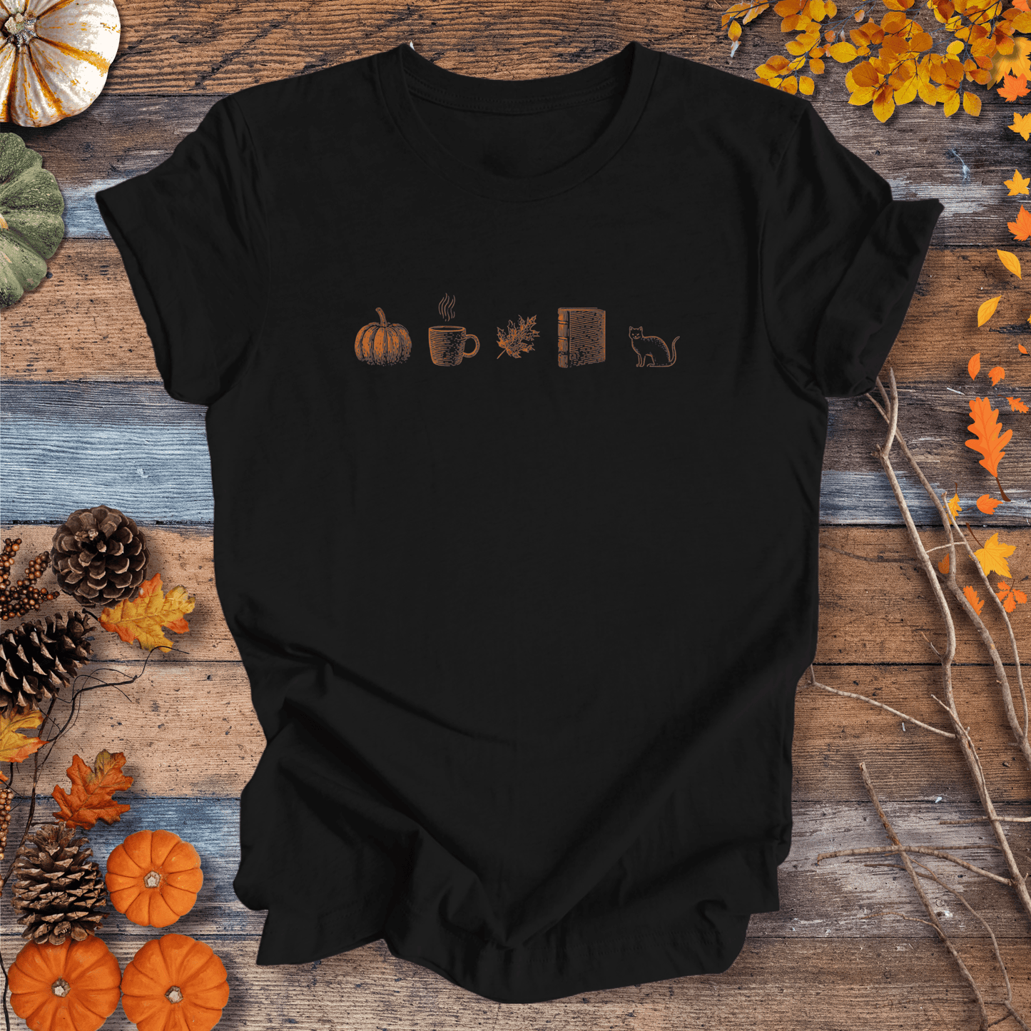 Printify T-Shirt Solid Black / XS Autumn Icons Row Shirt – Pumpkin Coffee Leaf Book Cat | Unisex Cotton