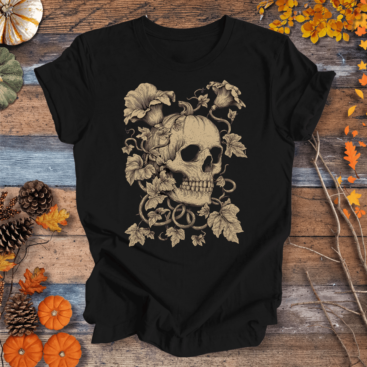 Printify T-Shirt Solid Black / XS Botanical Skull & Pumpkin Vines Shirt – Halloween | Unisex Cotton