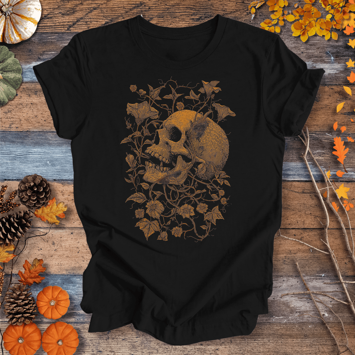 Printify T-Shirt Solid Black / XS Botanical Skull & Vines Halloween Shirt – Unisex Cotton