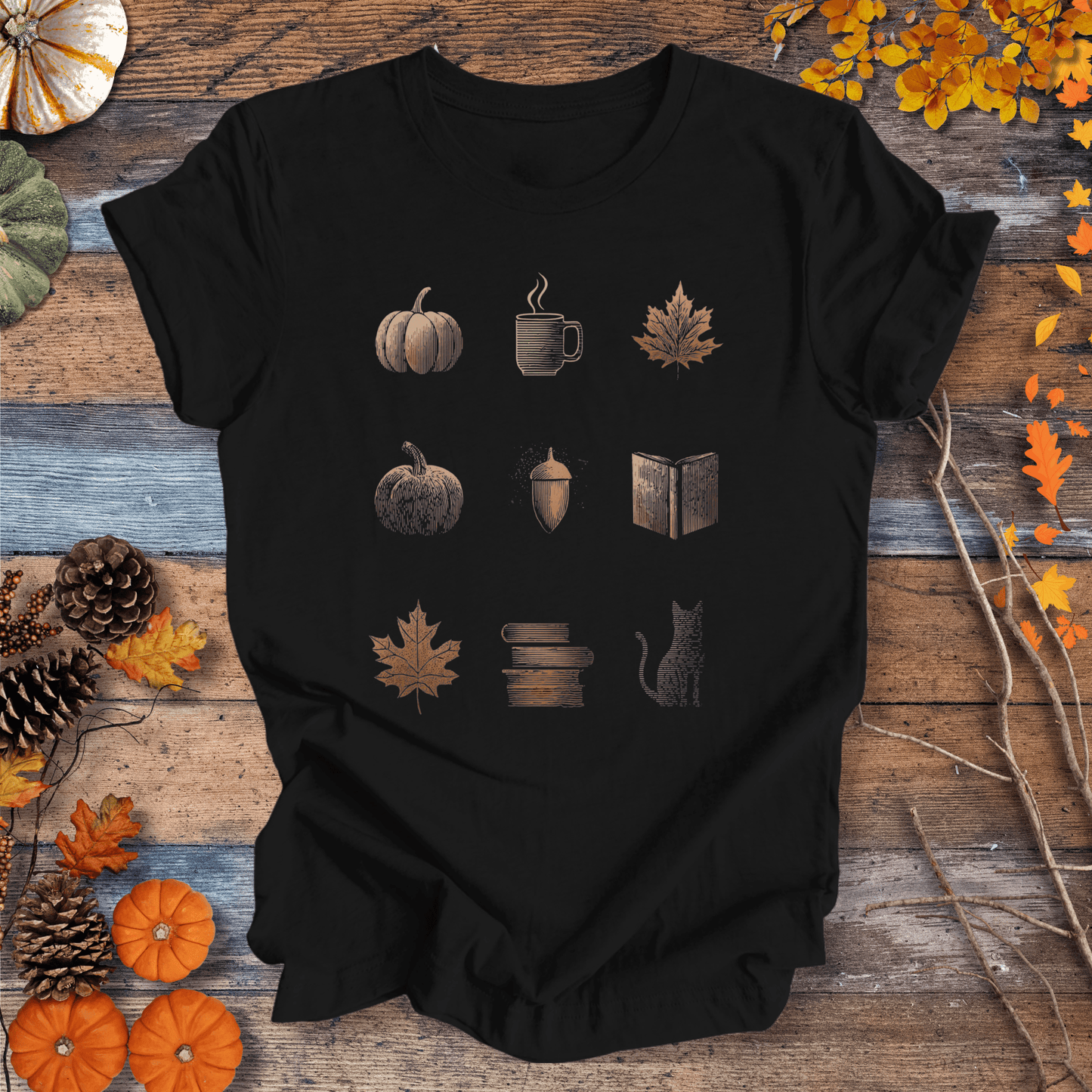 Printify T-Shirt Solid Black / XS Cozy Fall Icons Shirt – Pumpkin, Coffee & Cat Tee | Unisex