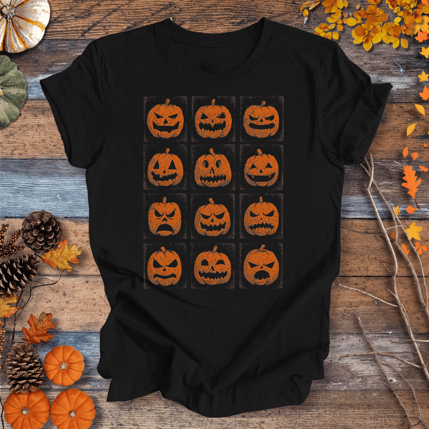 Printify T-Shirt Solid Black / XS Jack-O’-Lantern Faces Halloween Shirt – Vintage Pumpkin Tee