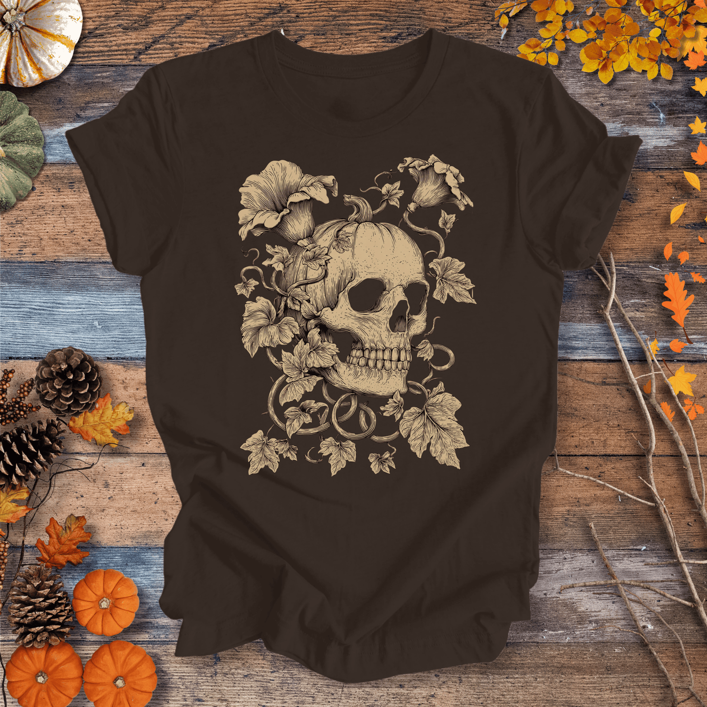 Printify T-Shirt Solid Dark Chocolate / S Botanical Skull & Pumpkin Vines Shirt – Halloween | Unisex Cotton