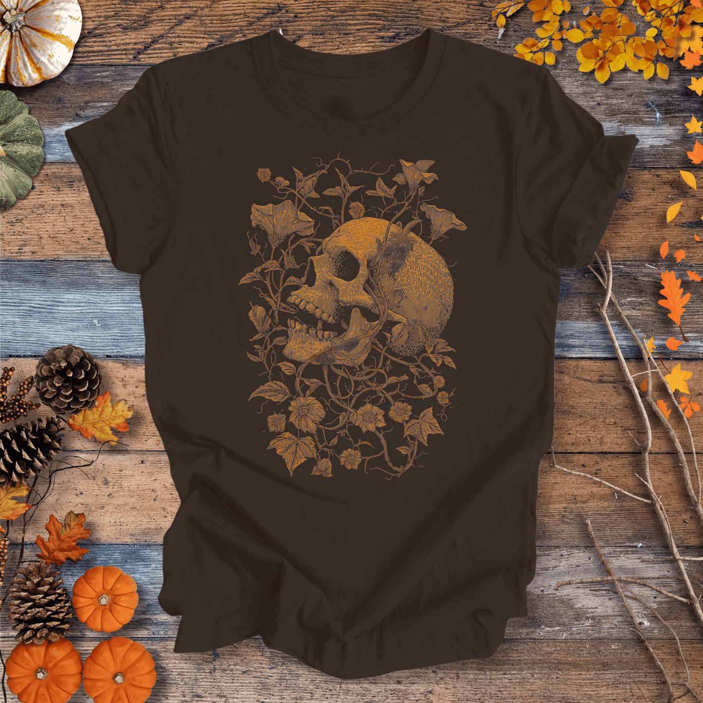 Printify T-Shirt Solid Dark Chocolate / S Botanical Skull & Vines Halloween Shirt – Unisex Cotton