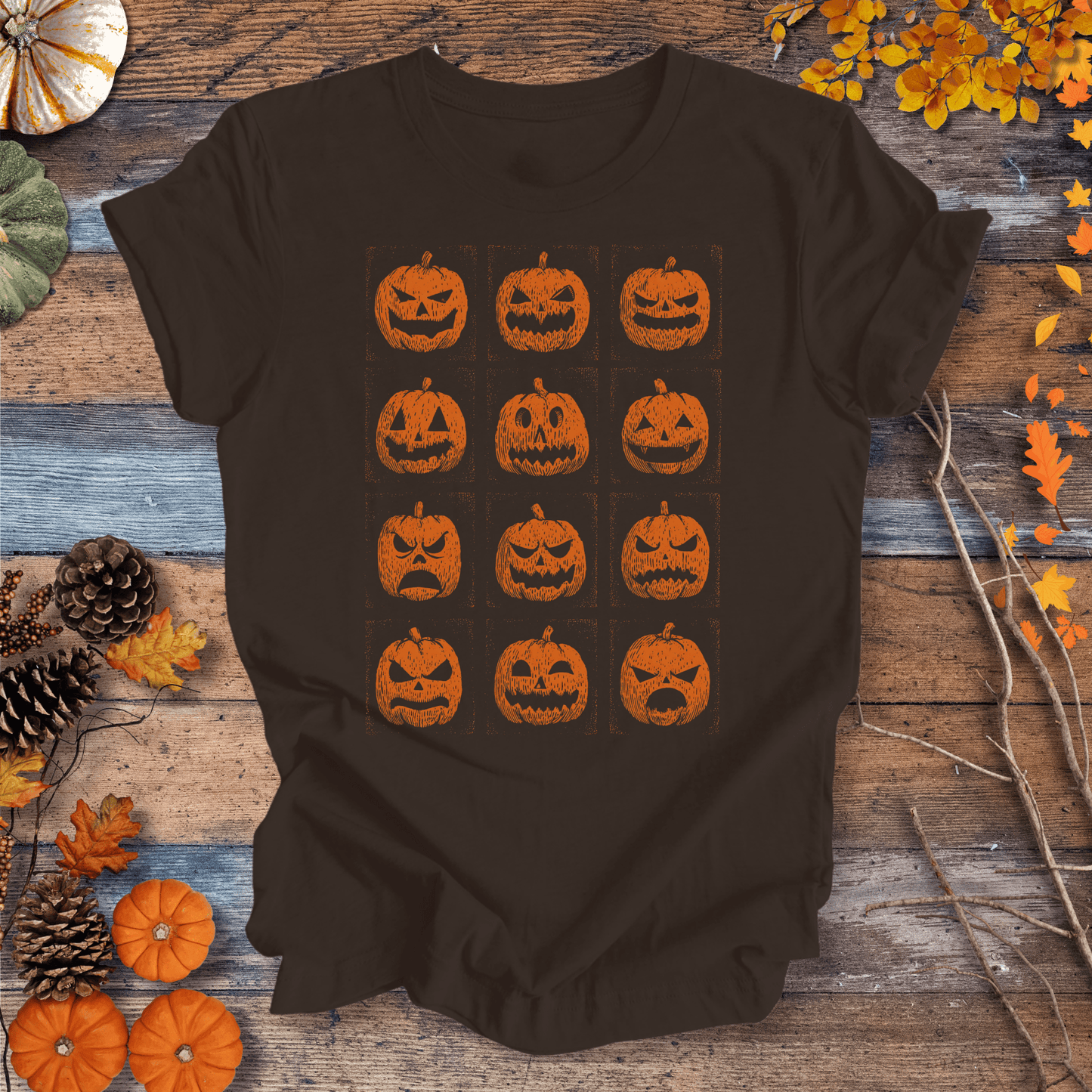 Printify T-Shirt Solid Dark Chocolate / S Jack-O’-Lantern Faces Halloween Shirt – Vintage Pumpkin Tee