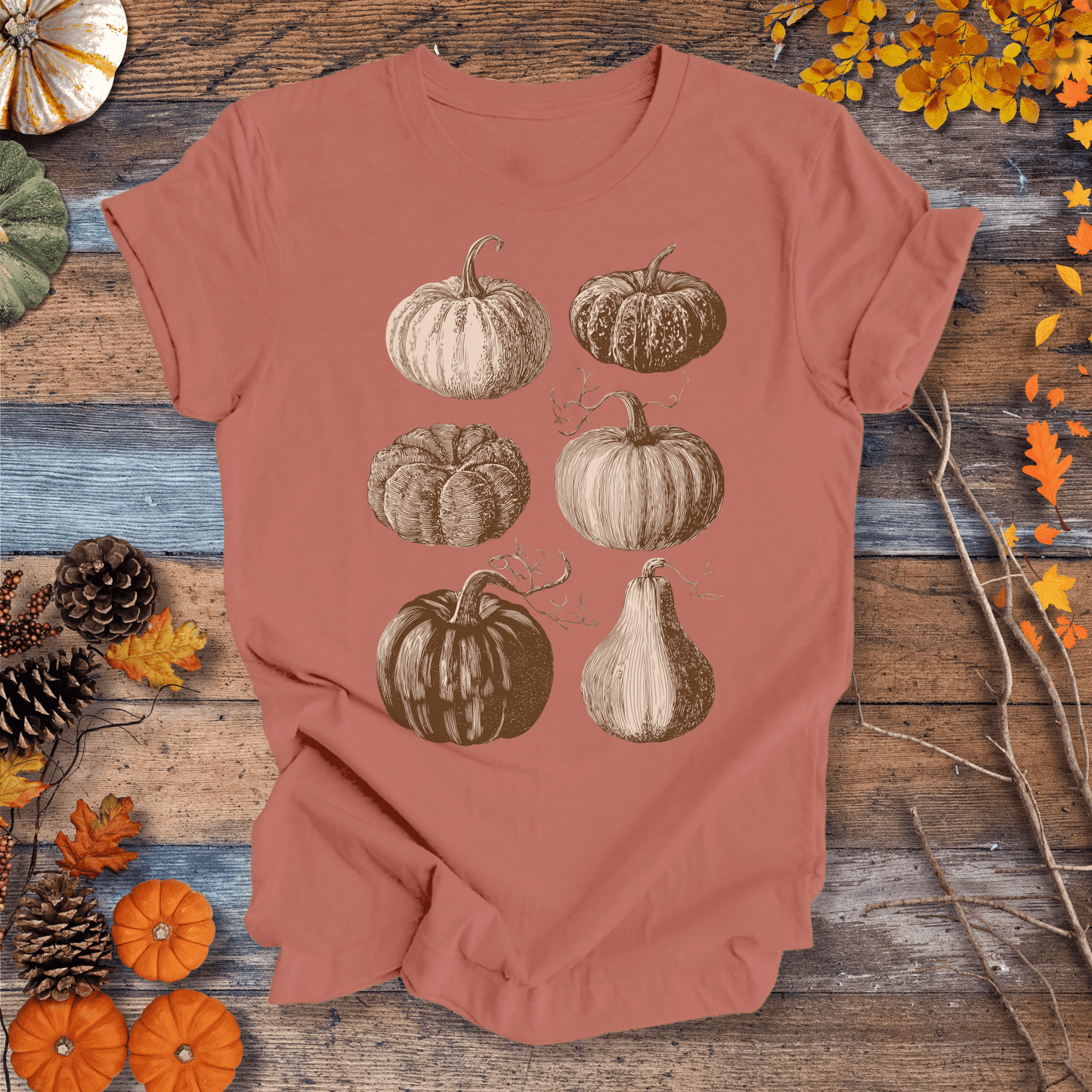 Printify T-Shirt Solid Desert Pink / S Vintage Pumpkin Art T-Shirt β Botanical Fall Shirt | Unisex Cotton