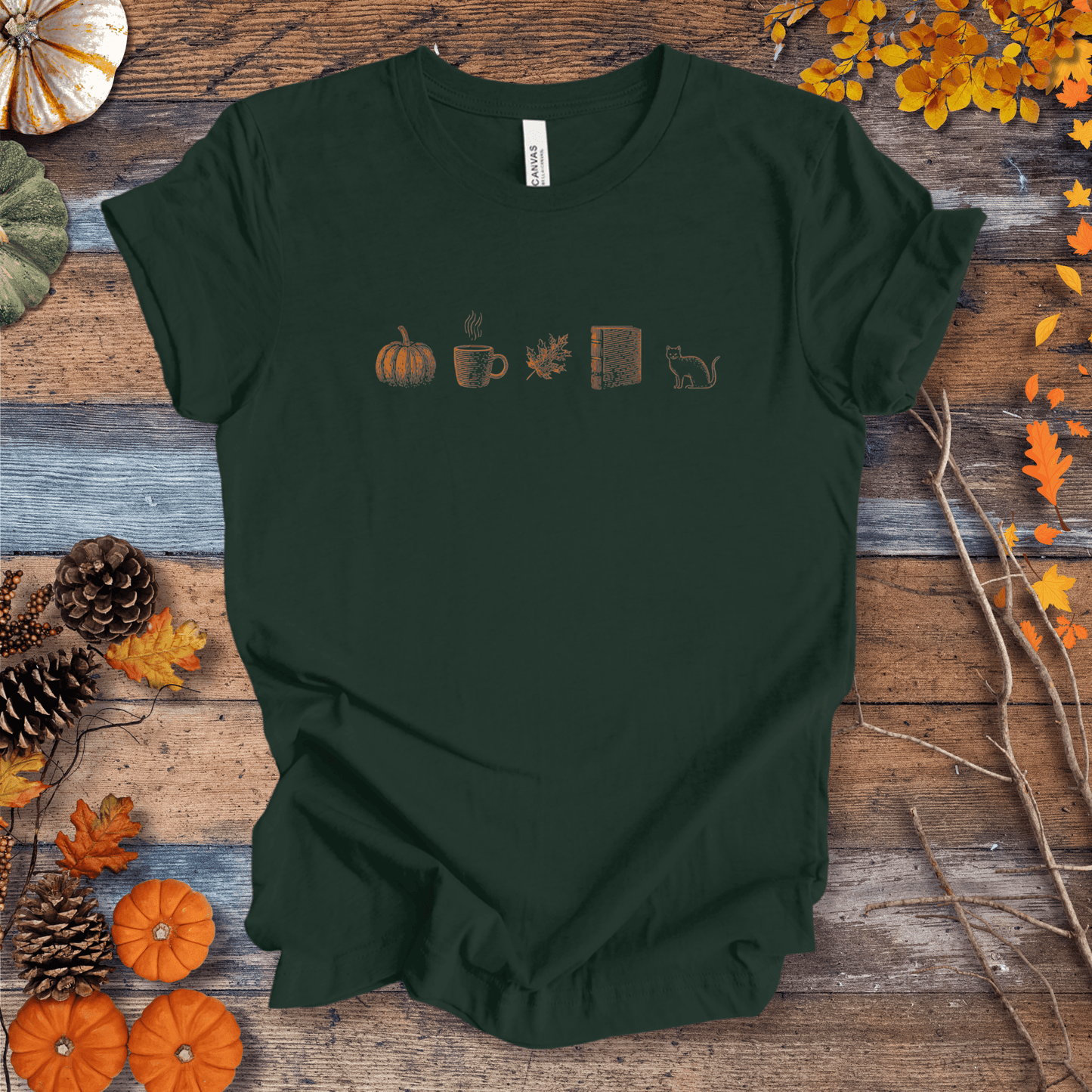 Printify T-Shirt Solid Forest Green / S Autumn Icons Row Shirt – Pumpkin Coffee Leaf Book Cat | Unisex Cotton