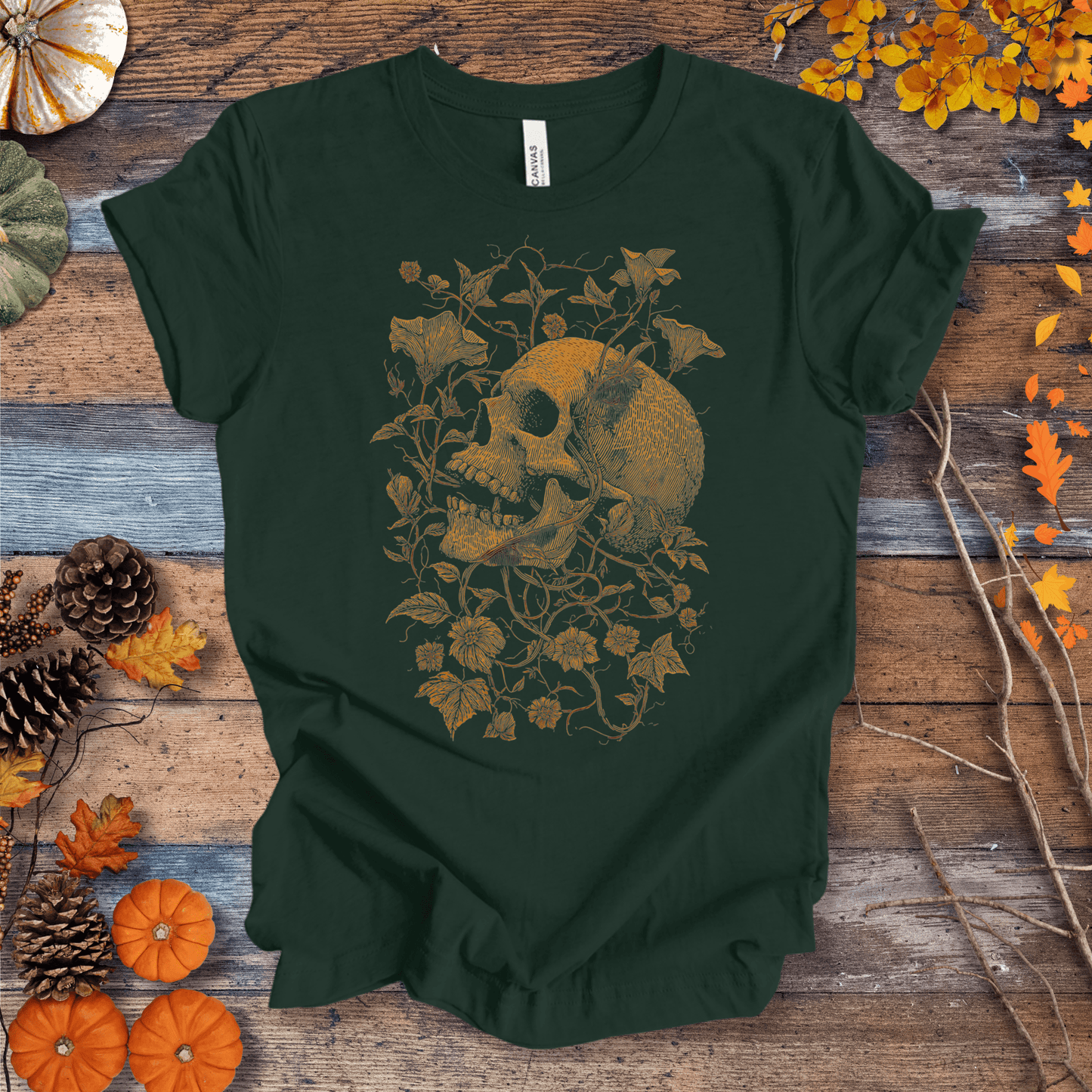 Printify T-Shirt Solid Forest Green / S Botanical Skull & Vines Halloween Shirt – Unisex Cotton