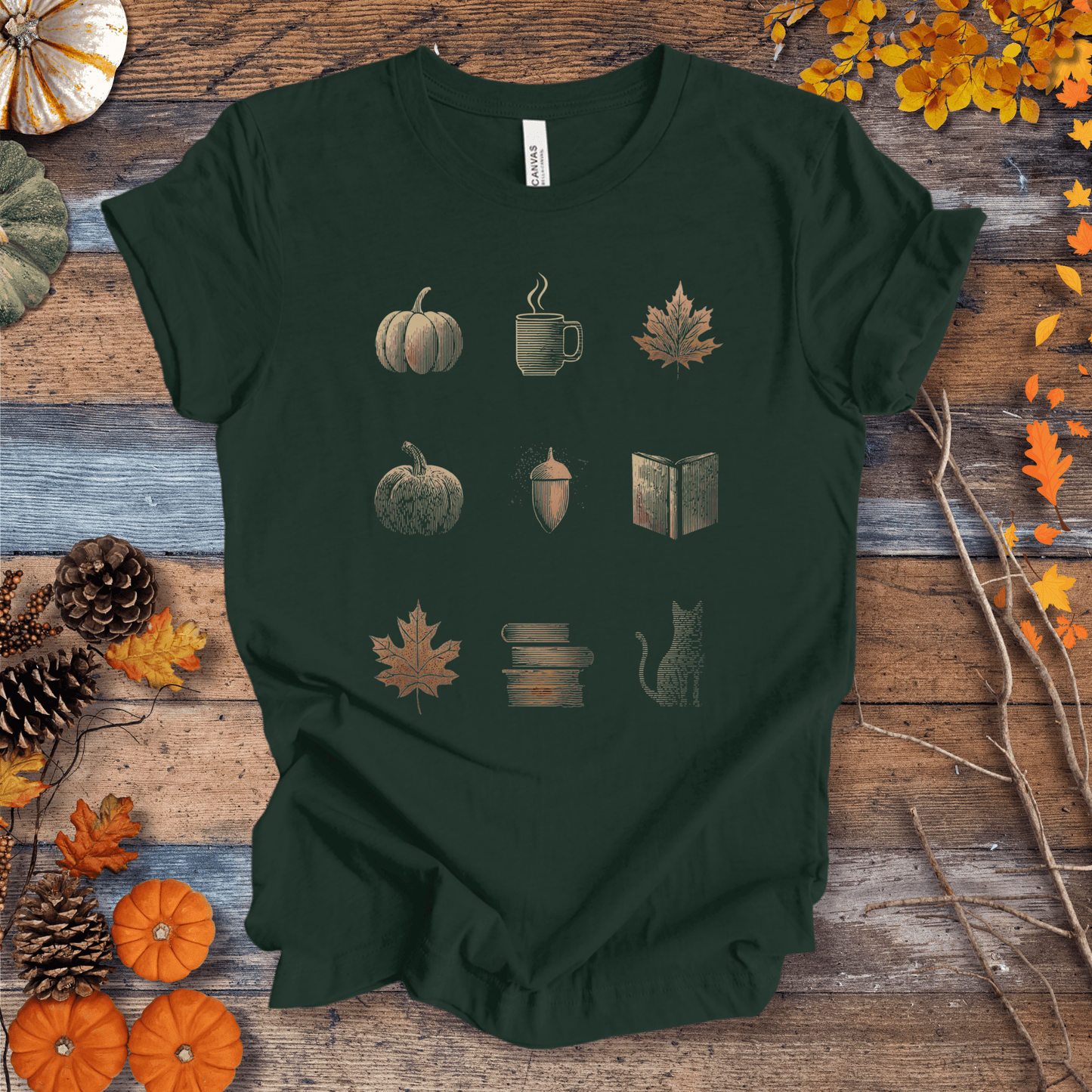 Printify T-Shirt Solid Forest Green / S Cozy Fall Icons Shirt – Pumpkin, Coffee & Cat Tee | Unisex