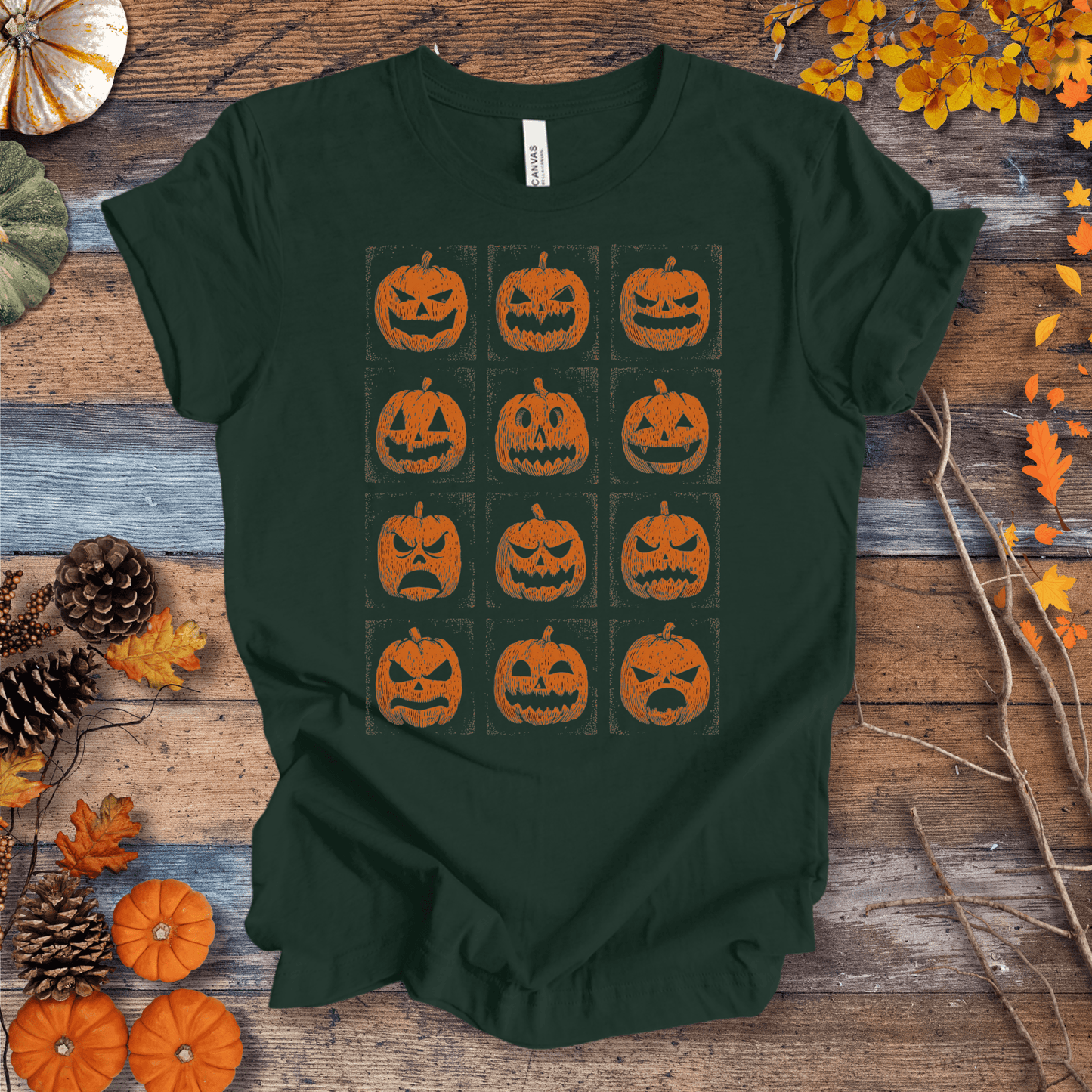 Printify T-Shirt Solid Forest Green / S Jack-O’-Lantern Faces Halloween Shirt – Vintage Pumpkin Tee