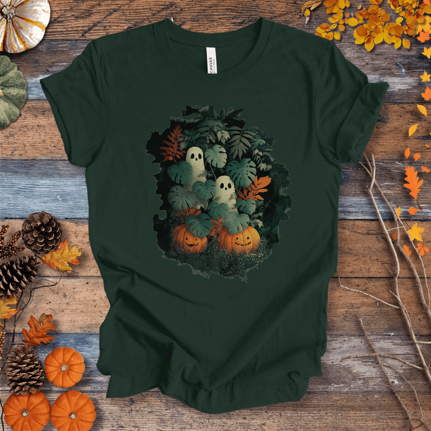 Printify T-Shirt Solid Forest Green / S Monstera Ghosts & Pumpkins – Halloween Houseplant Shirt (Unisex)